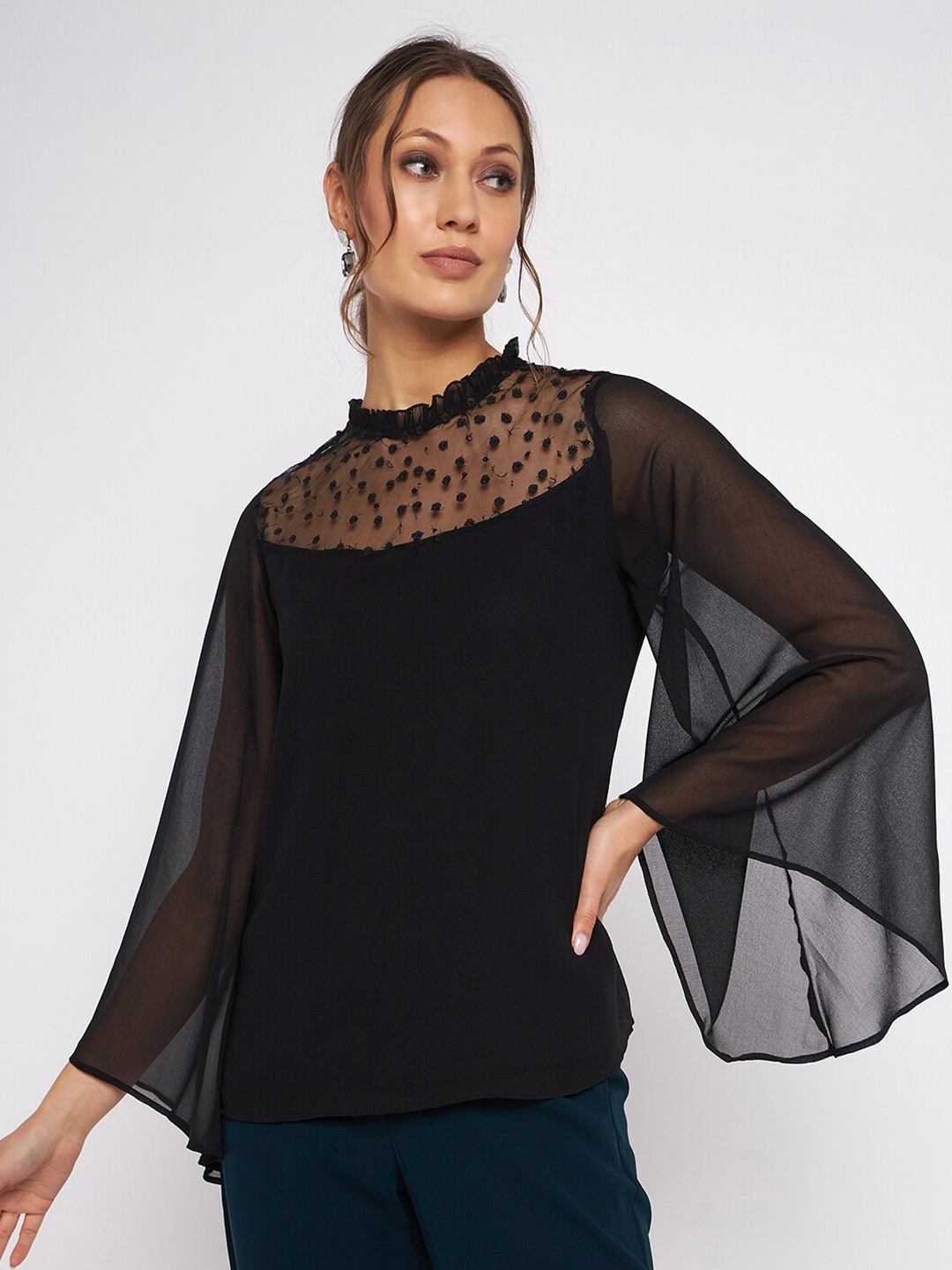 

Antheaan Elit Round Neck Flared Sleeves Cape Top, Black