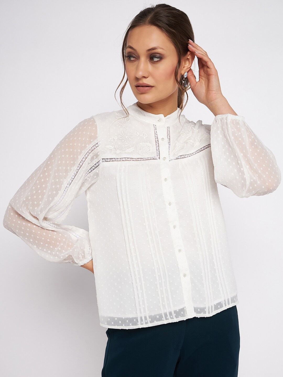 

Antheaan Elit Geometric Self Design Puff Sleeves Shirt Style Top, White