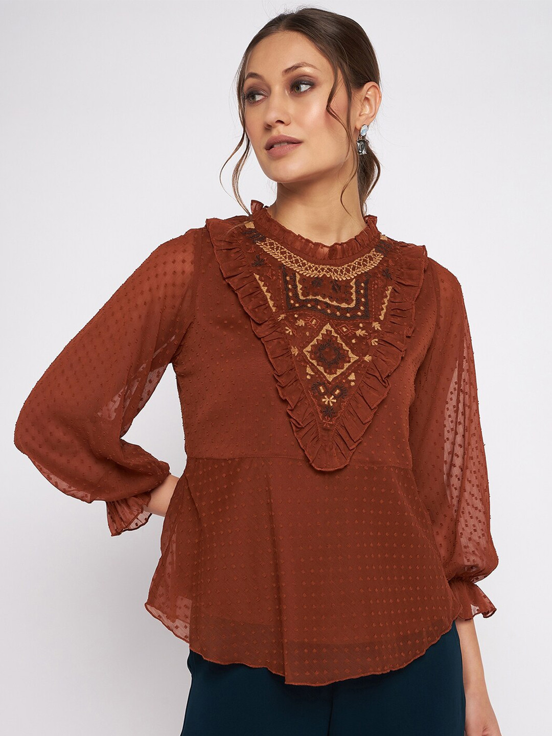 

Antheaa Elit Chiffon Puff Sleeves Self Design Top, Brown
