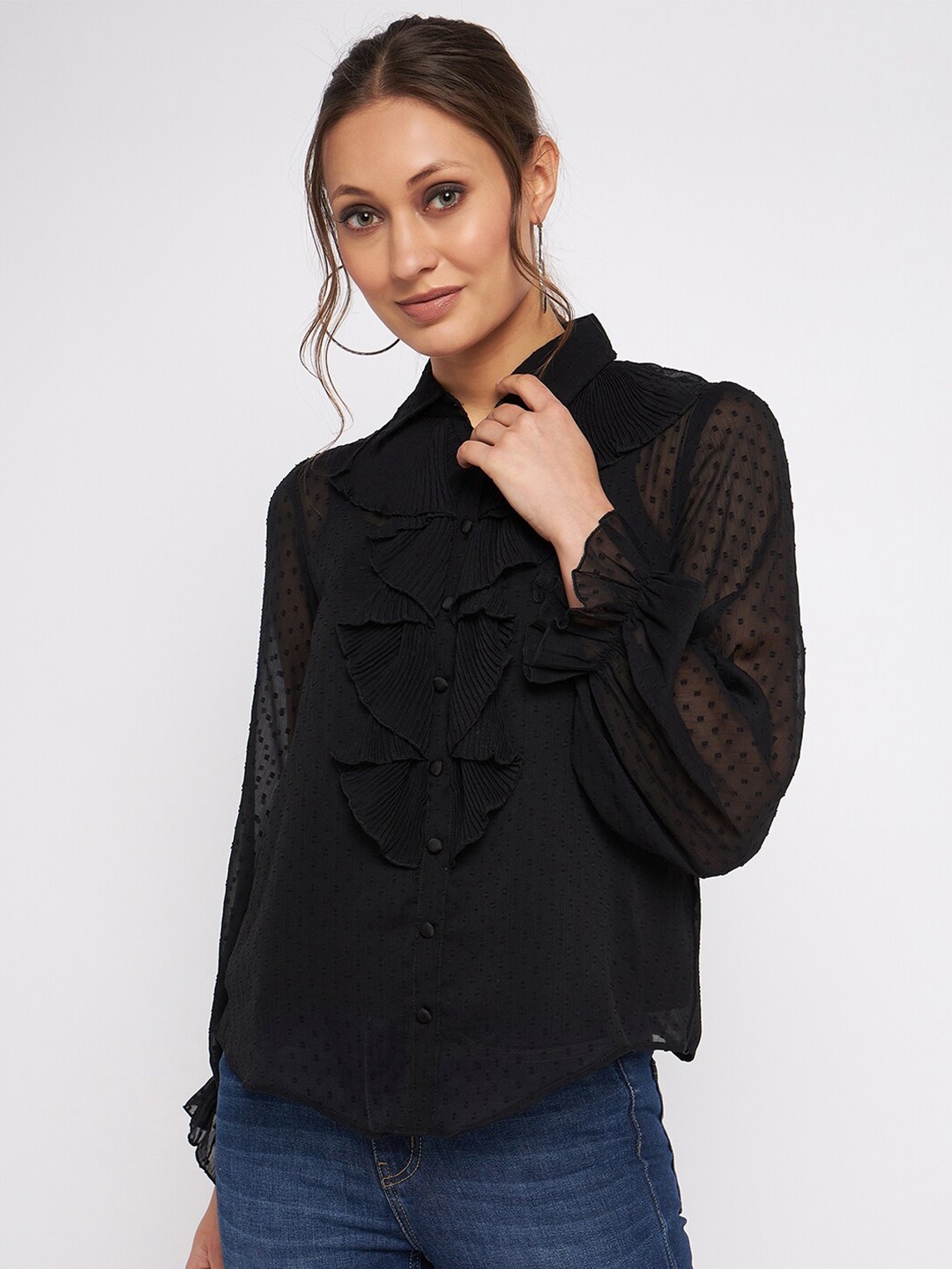 

Antheaan Elit Spread Collar Chiffon Ruffles Shirt Style Top, Black