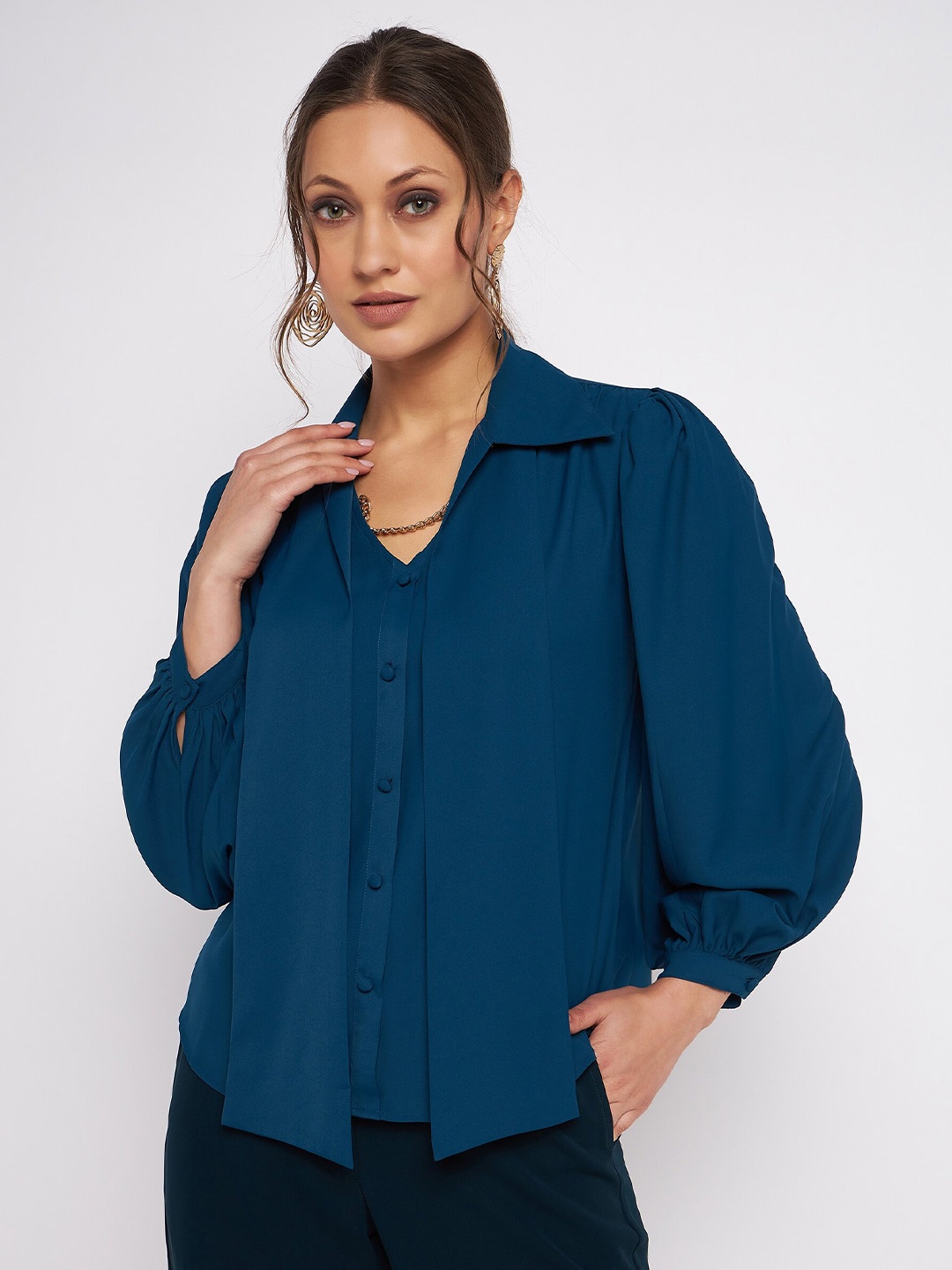 

Antheaan Elit Spread Collar Cuffed Sleeves Shirt-Style Top, Teal