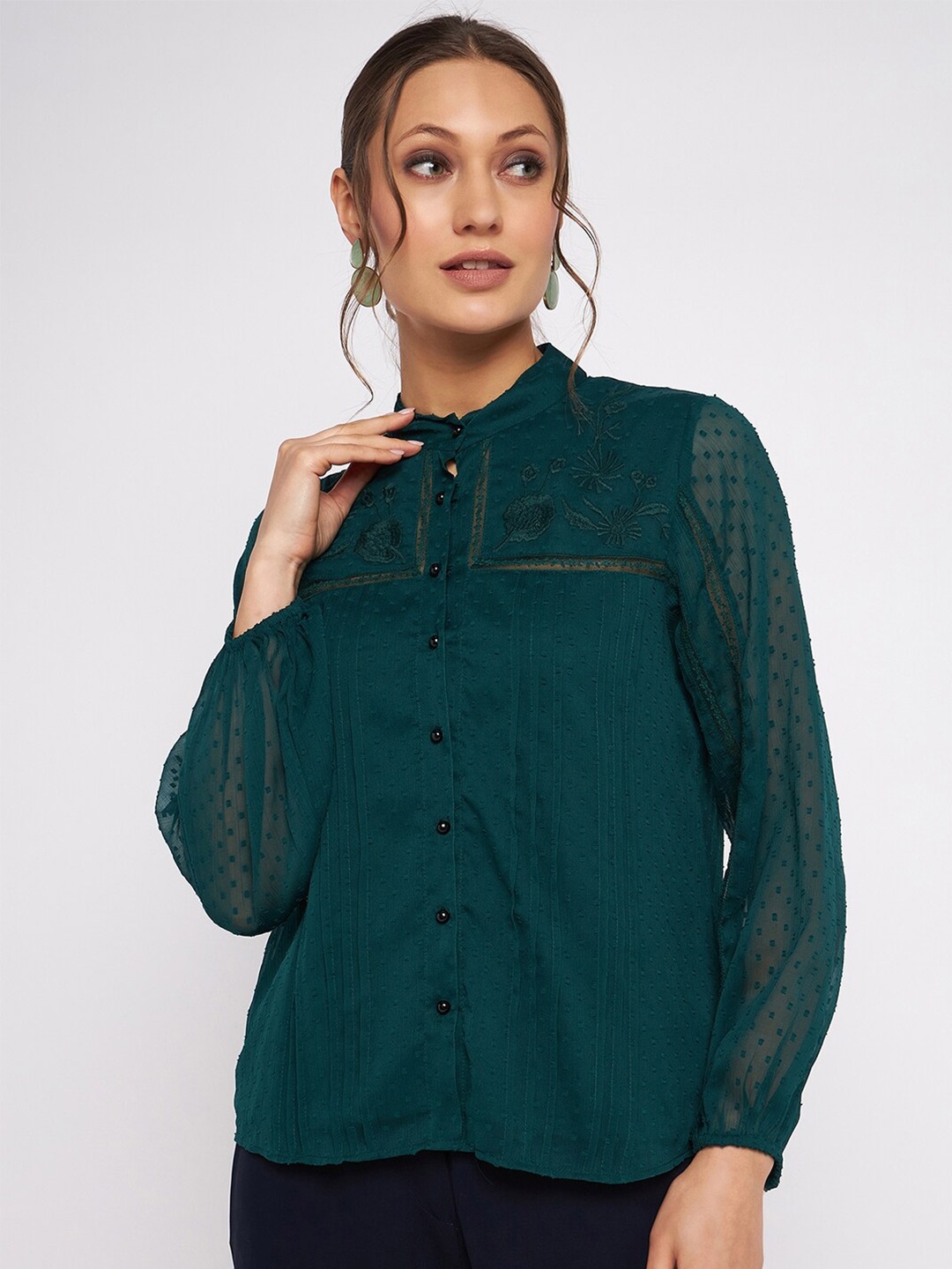 

Antheaan Elit Embroidered Floral Shirt-Style Top, Green