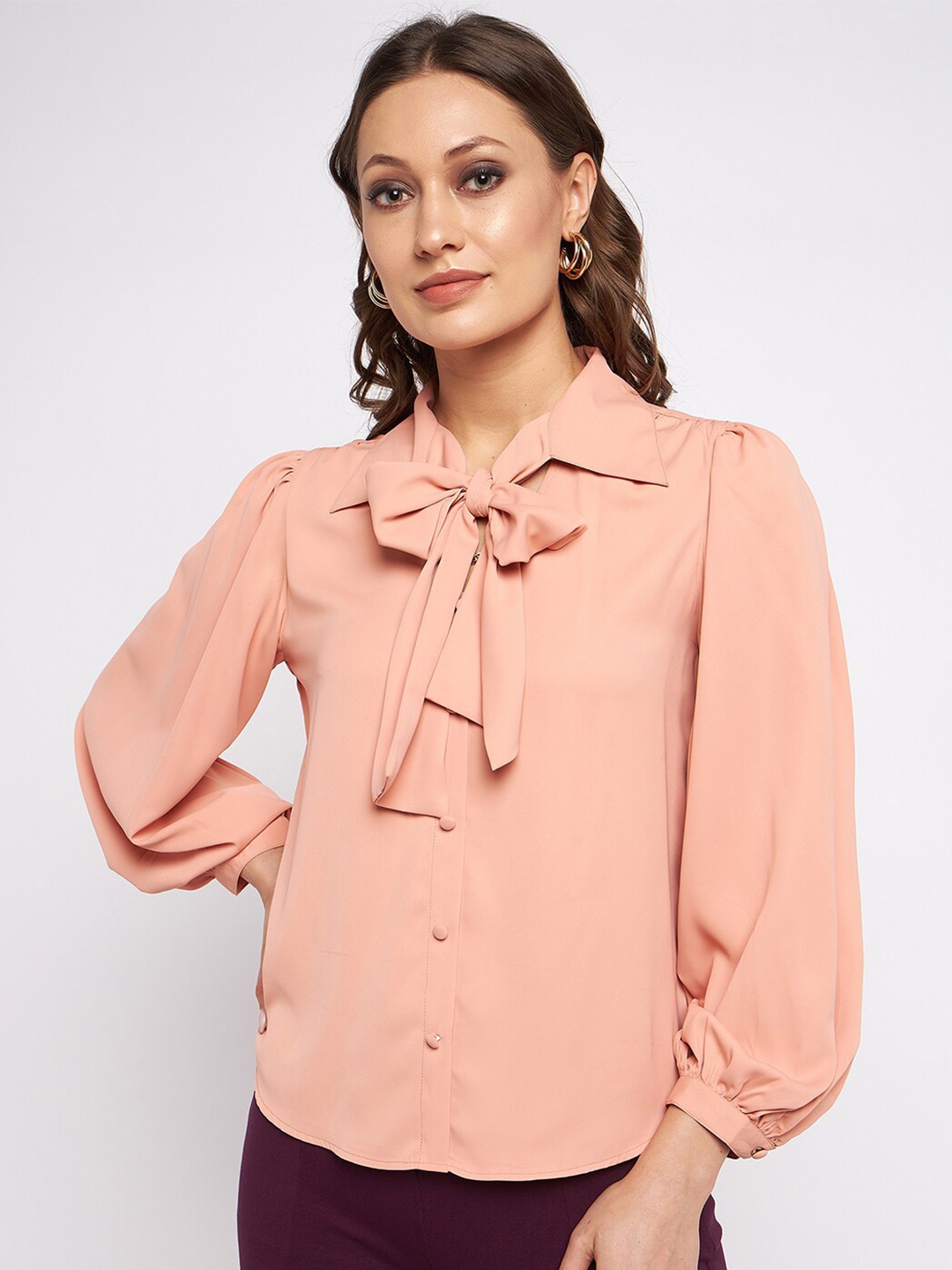 

Antheaan Elit Tie-Up Neck Cuffed Sleeves Regular Top, Peach