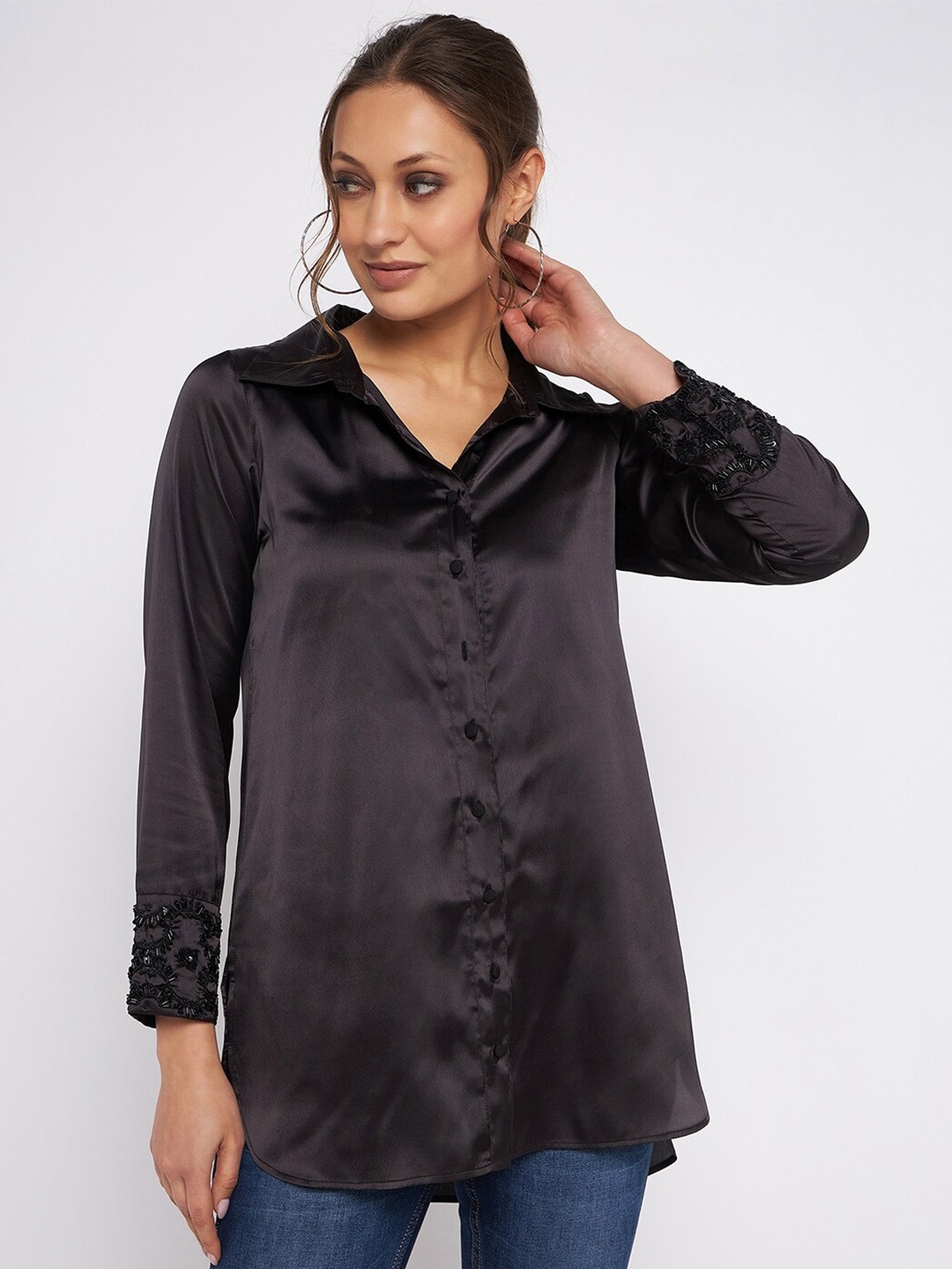 

Antheaan Elit Shirt Collar Cuffed Sleeves Shirt Style Longline Top, Black