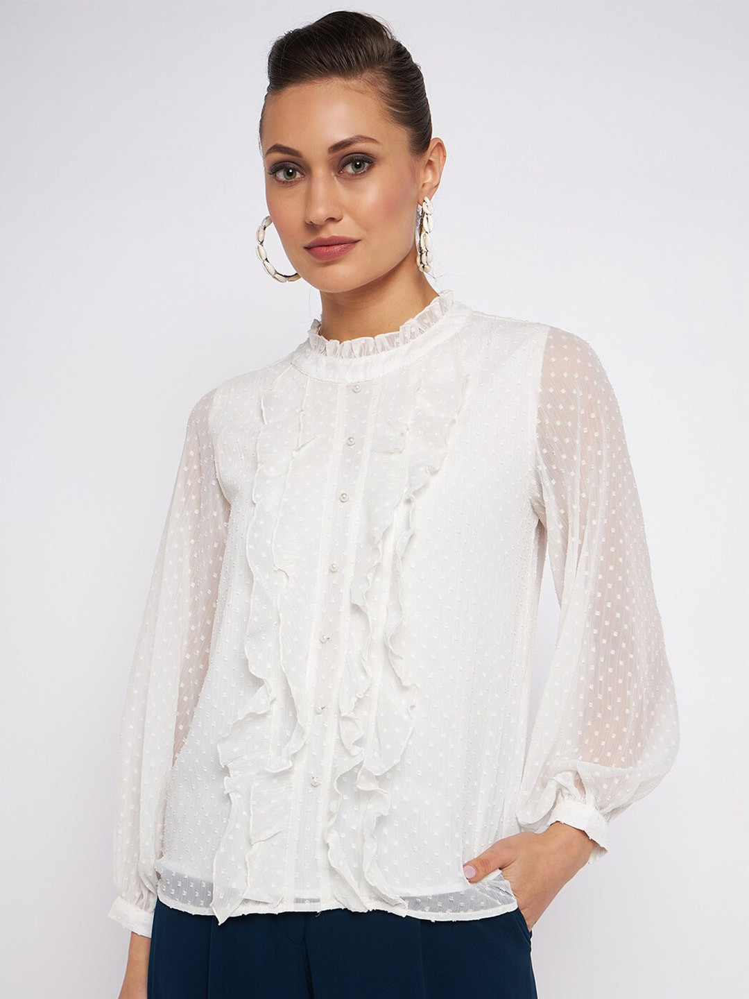 

Antheaan Elit Geometric Self Design Puff Sleeves Shirt Style Top, White