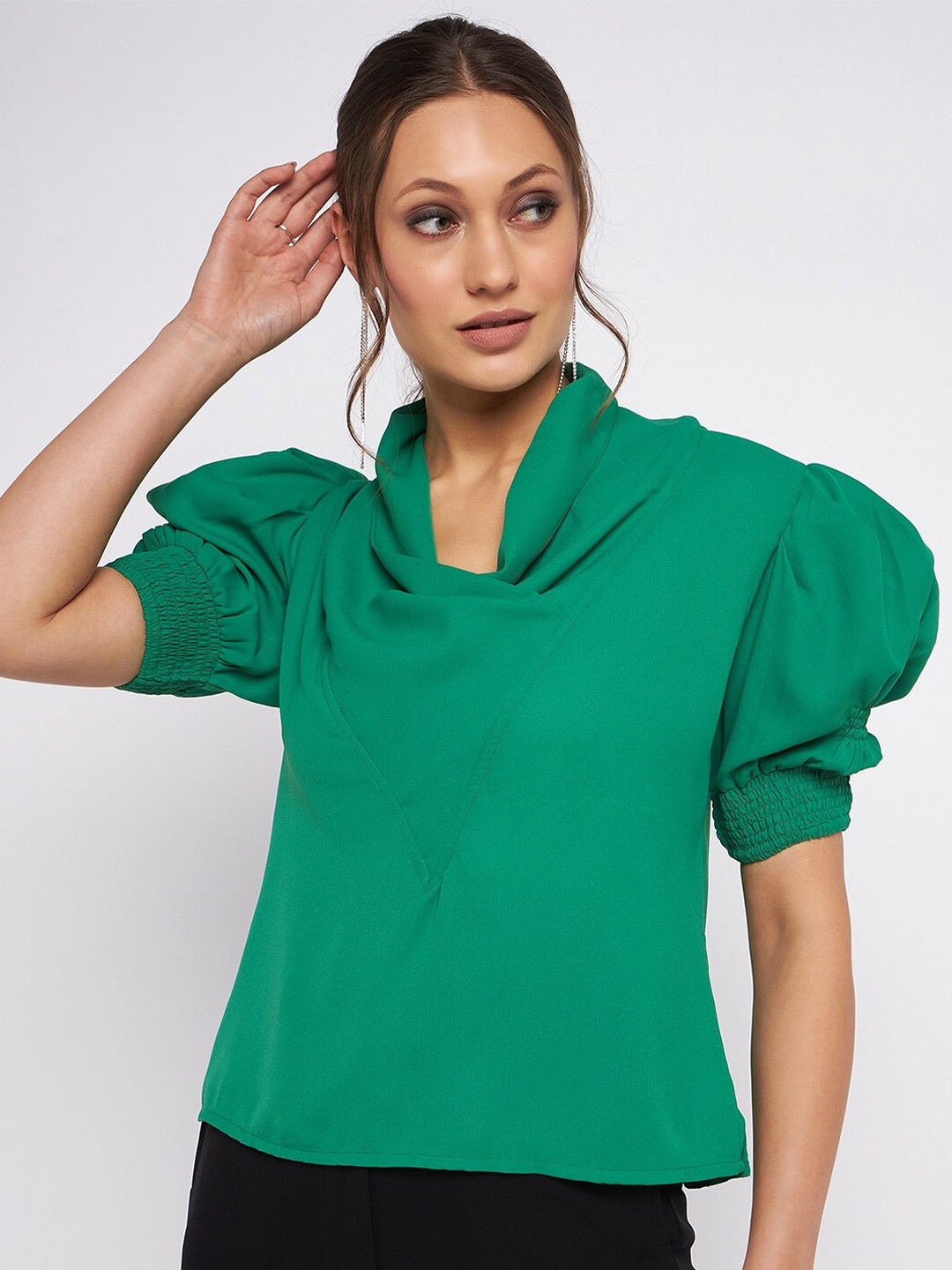 

Antheaan Elit Cowl Neck Puff Sleeves Top, Green