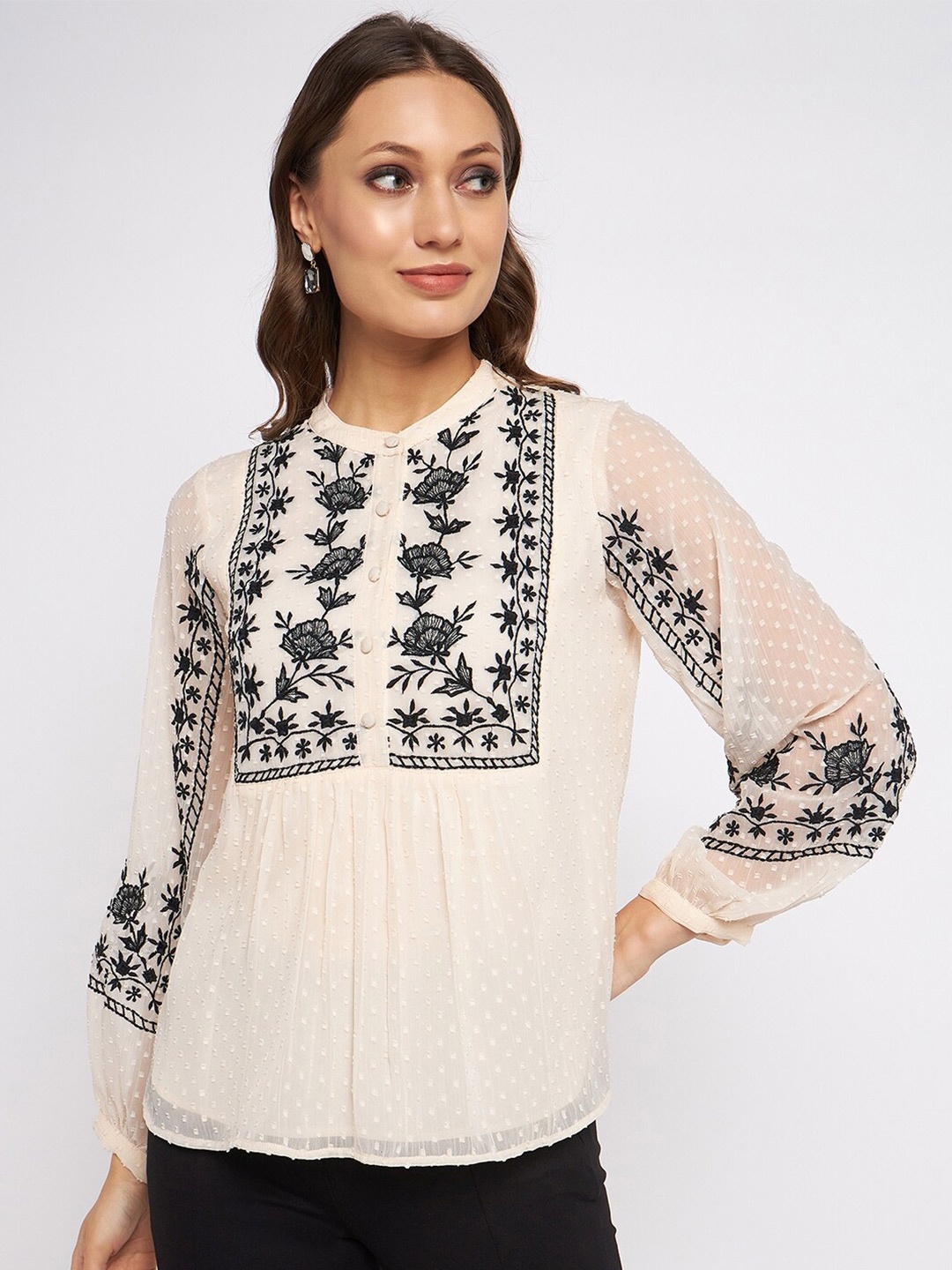 

Antheaan Elit Floral Embroidered Round Neck Puff Sleeves Chiffon Top, Off white