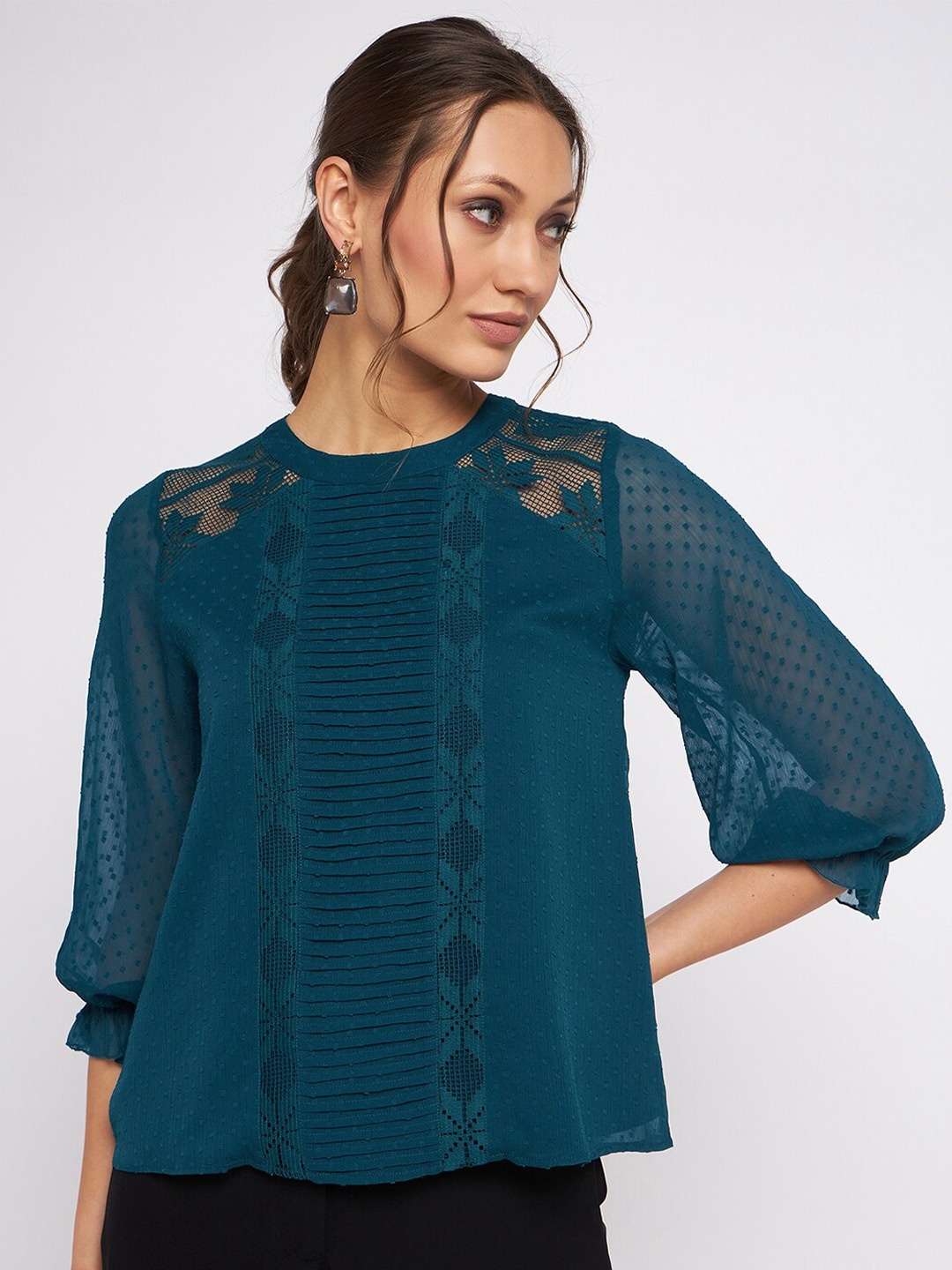 

Antheaan Elit Self Design Pintucks Lace Inserts Chiffon Top, Teal