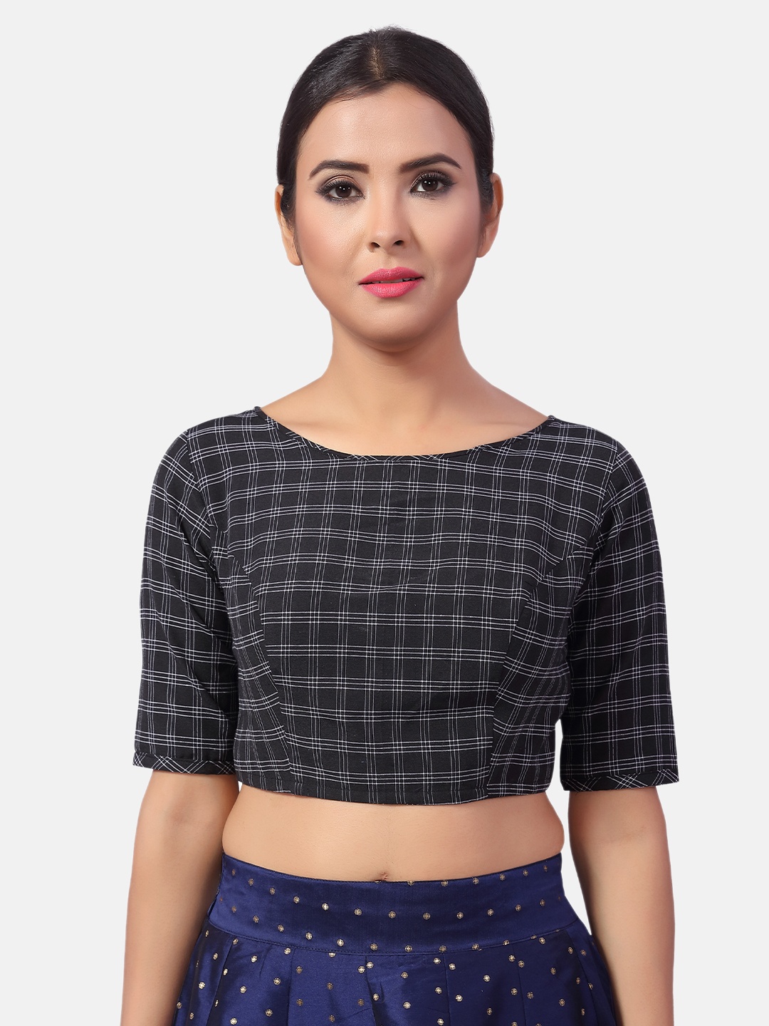 

Studio Shringaar Checked Elbow Length Sleeves Pure Cotton Saree Blouse, Black