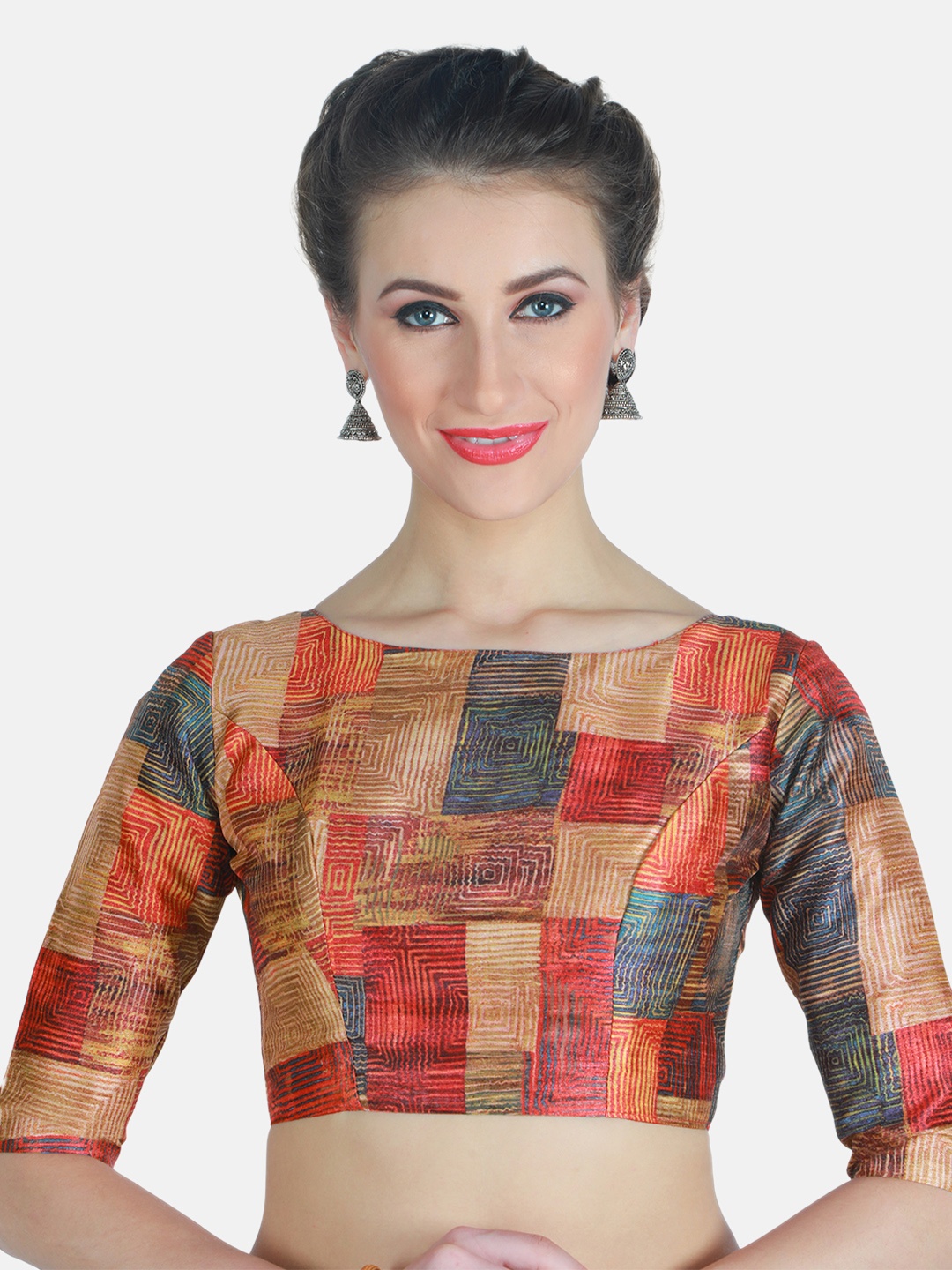 

Studio Shringaar Printed Elbow Length Sleeves Saree Blouse, Red