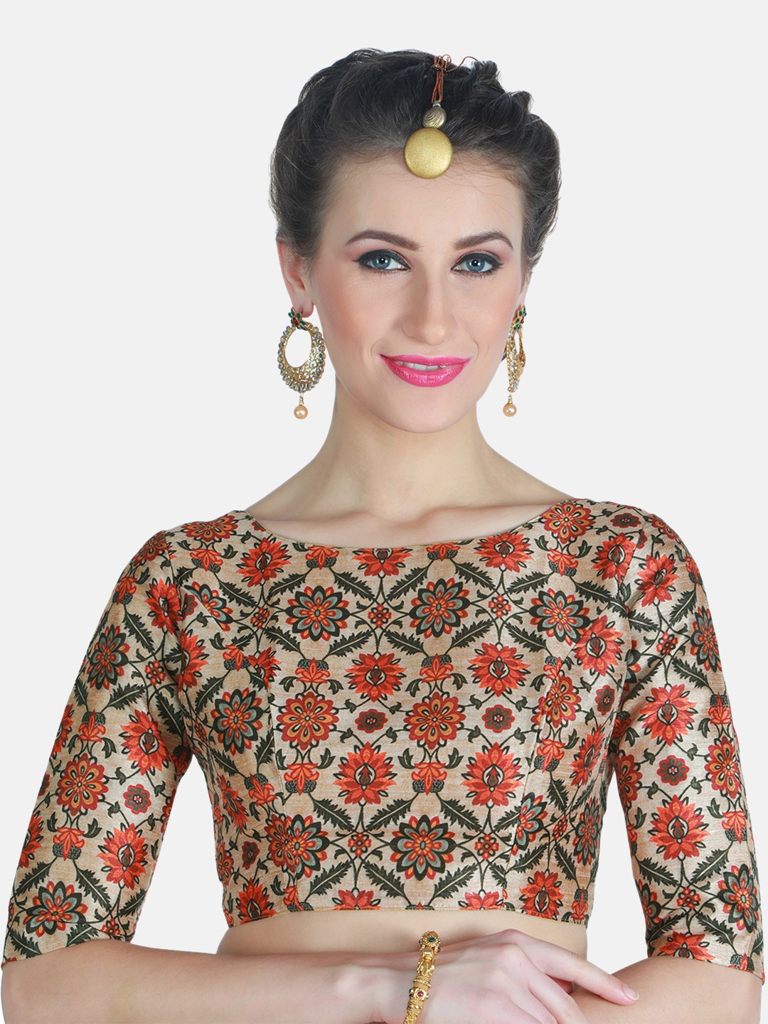 

Studio Shringaar Printed Elbow Length Sleeves Saree Blouse, Cream