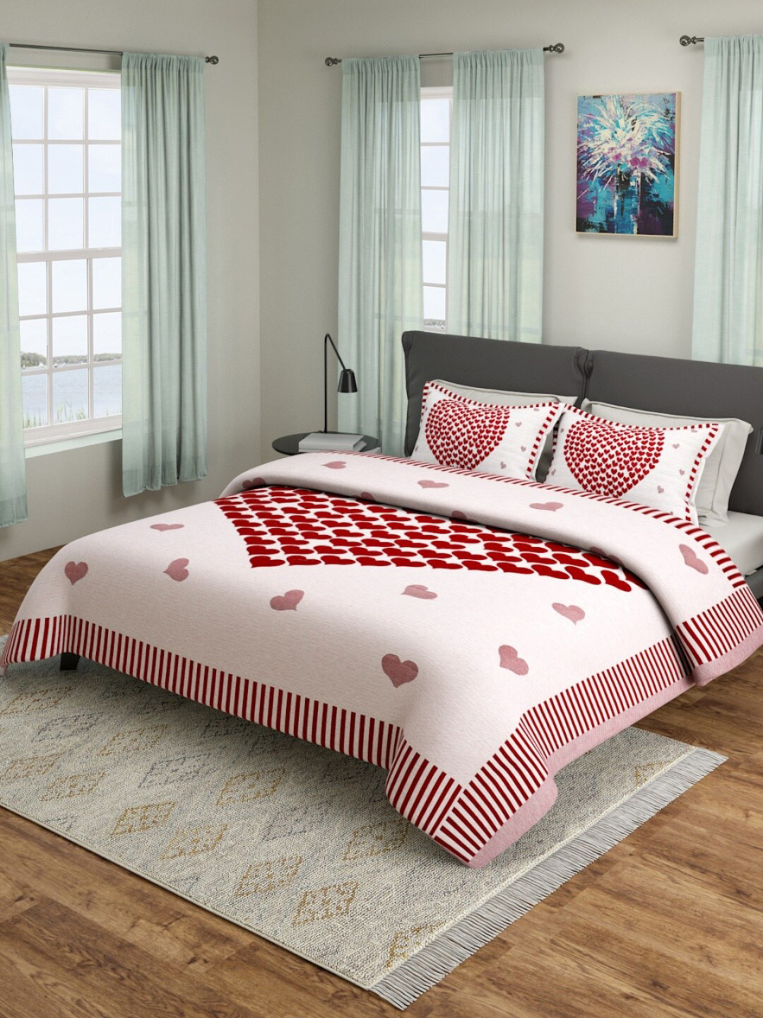 

ROMEE Beige & Red Printed 180-249 TC Double Queen Bed Cover With 2 Pillow Covers