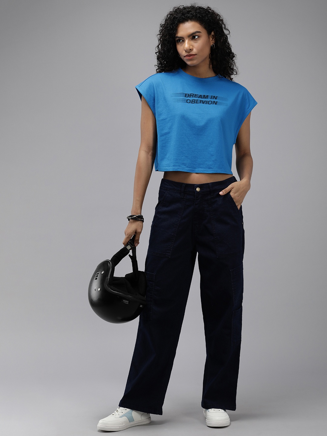 

Roadster Typography Printed Extended Sleeves Boxy Crop T-shirt, Blue