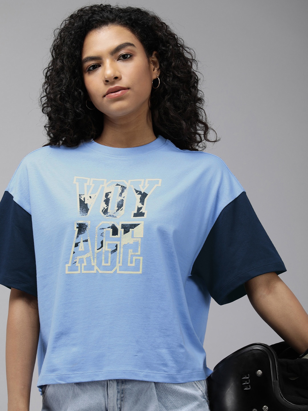 

Roadster Graphic Printed Drop-Shoulder Sleeves Boxy T-shirt, Blue
