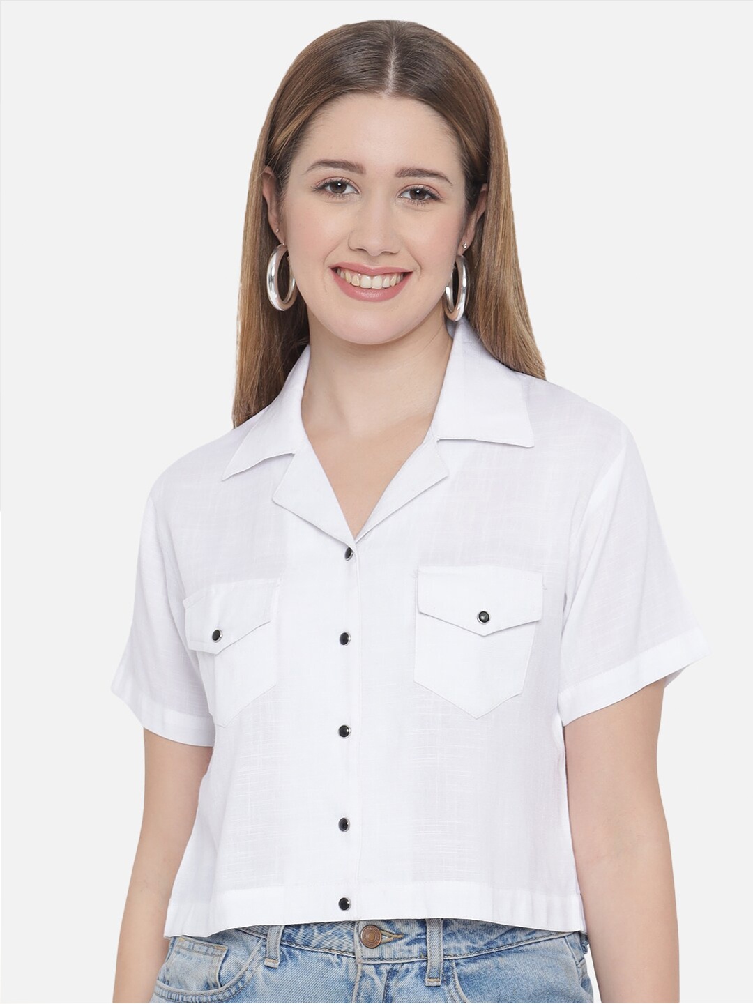 

Indietoga Regular Fit Cotton Linen Short Sleeves Crop Casual Shirt, White
