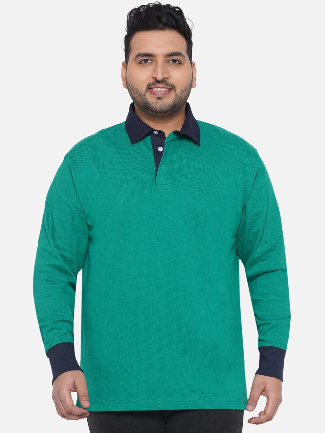 

Santonio Plus Size Polo Collar Cuffed Long Sleeves T-shirt, Green