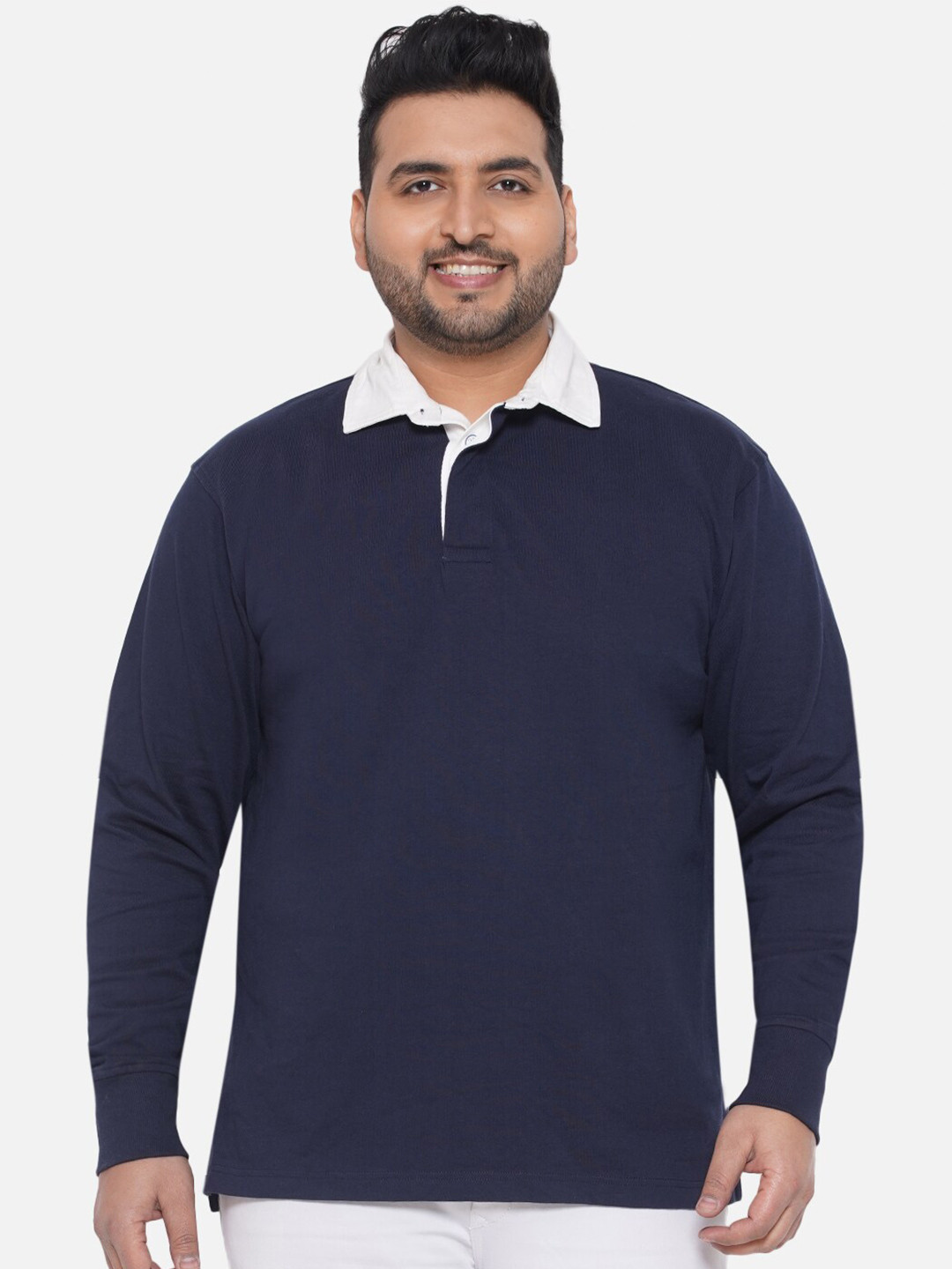 

Santonio Plus Size Polo Collar Long Sleeves Cuffed Cotton T-shirt, Navy blue