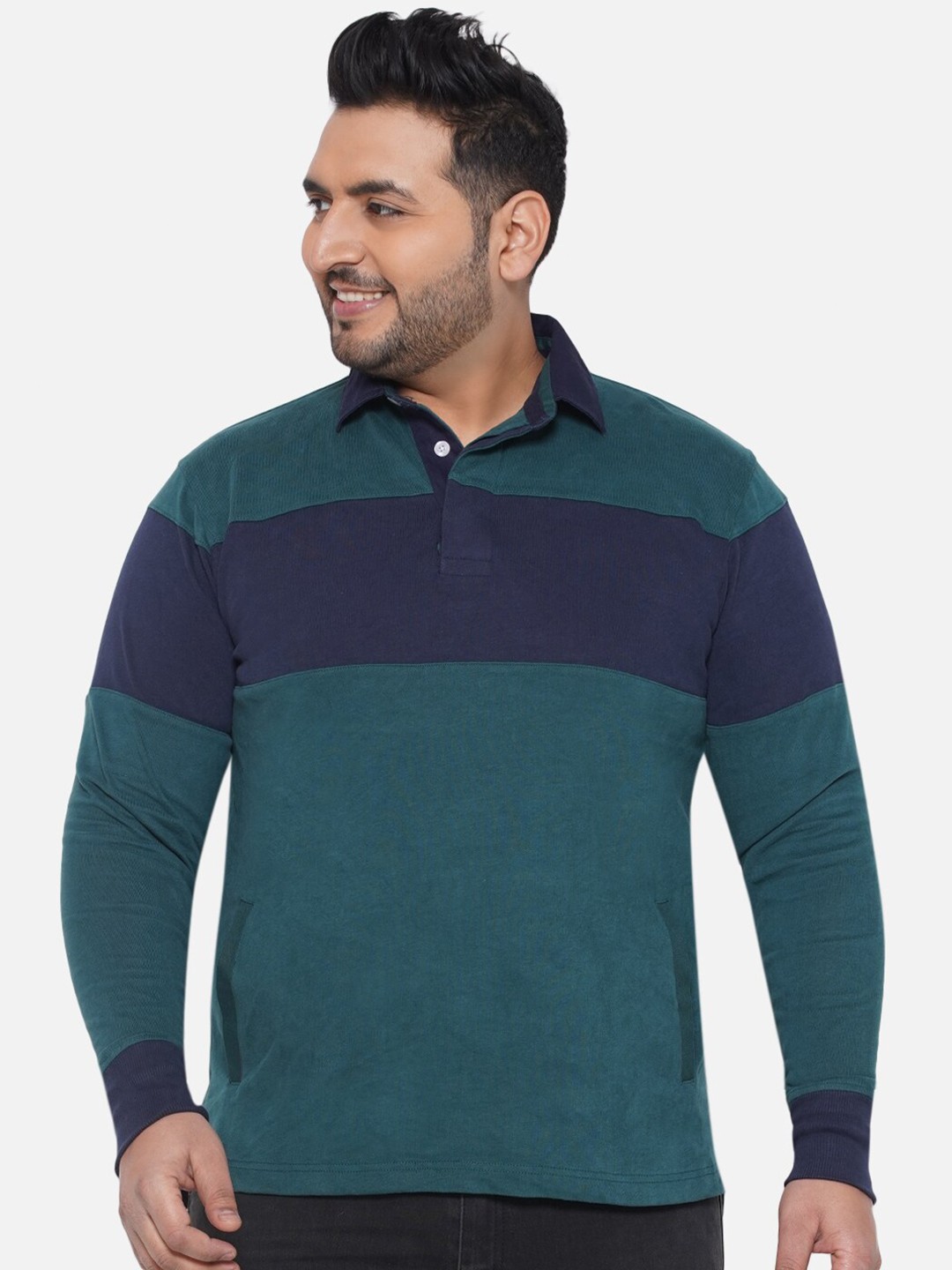 

Santonio Plus Size Polo Collar Colourblocked Pure Cotton T-shirt, Green