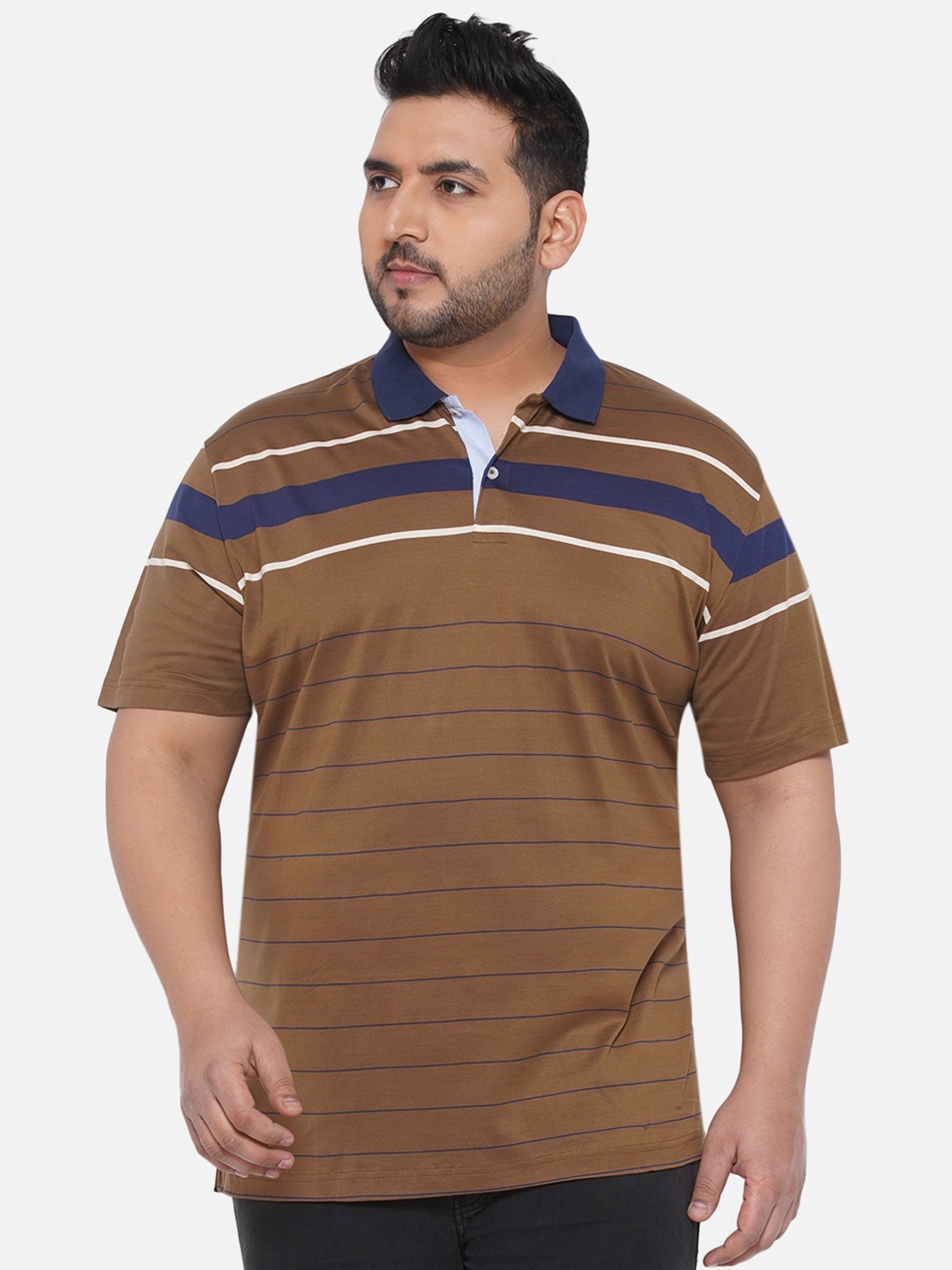 

Santonio Plus Size Polo Collar Striped Regular Fit Pure Cotton T-shirt, Brown