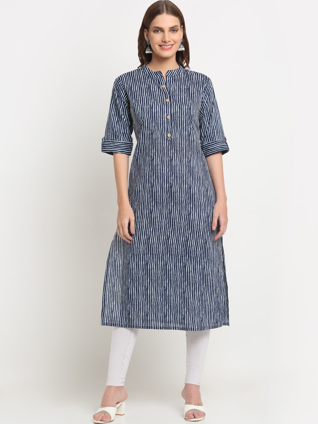 

KALINI Women Striped Cotton Mandarin Collar Roll-Ups Sleeves Kurta, Blue