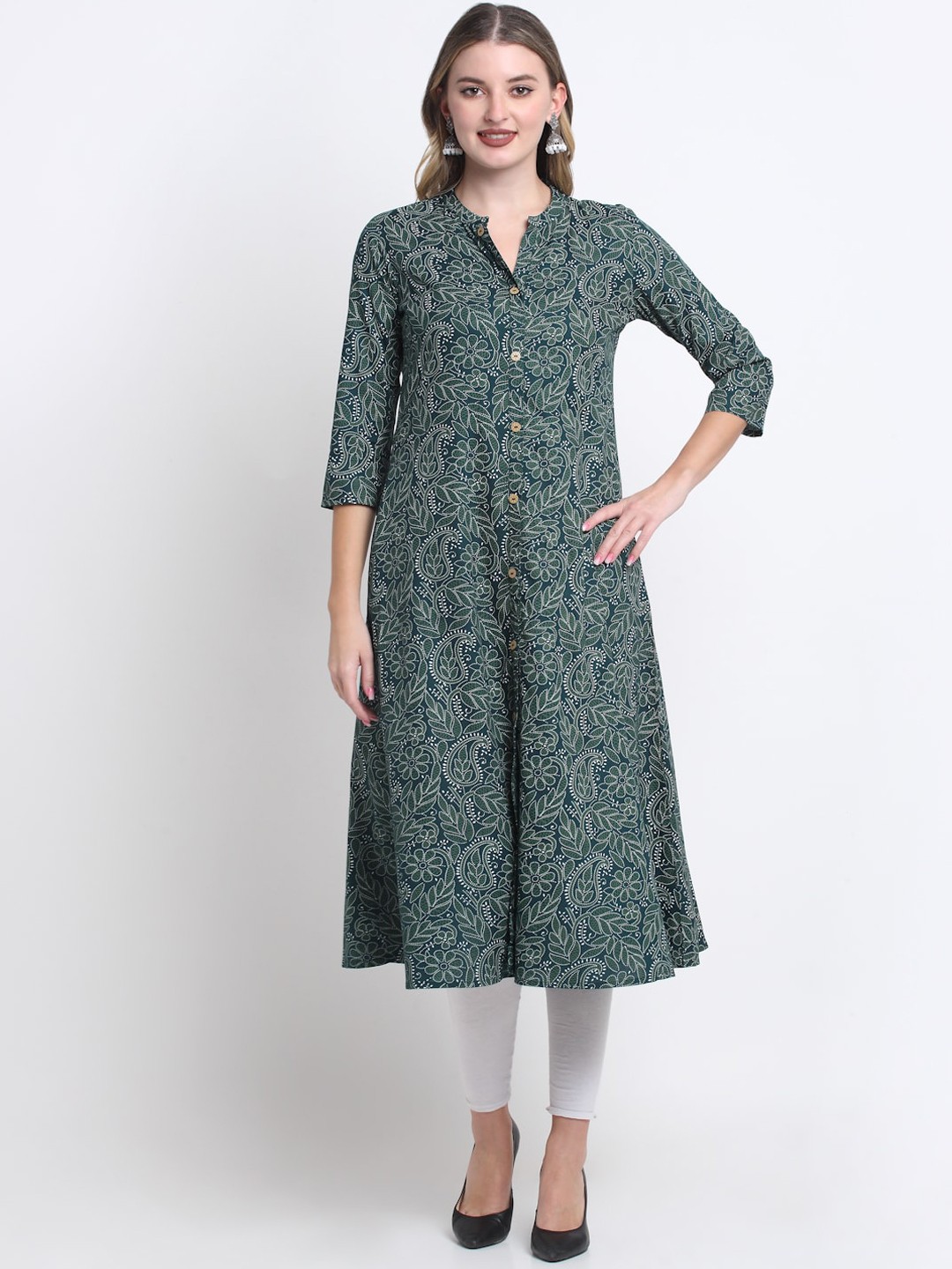 

KALINI Floral Printed Band Collar A-Line Kurta, Green