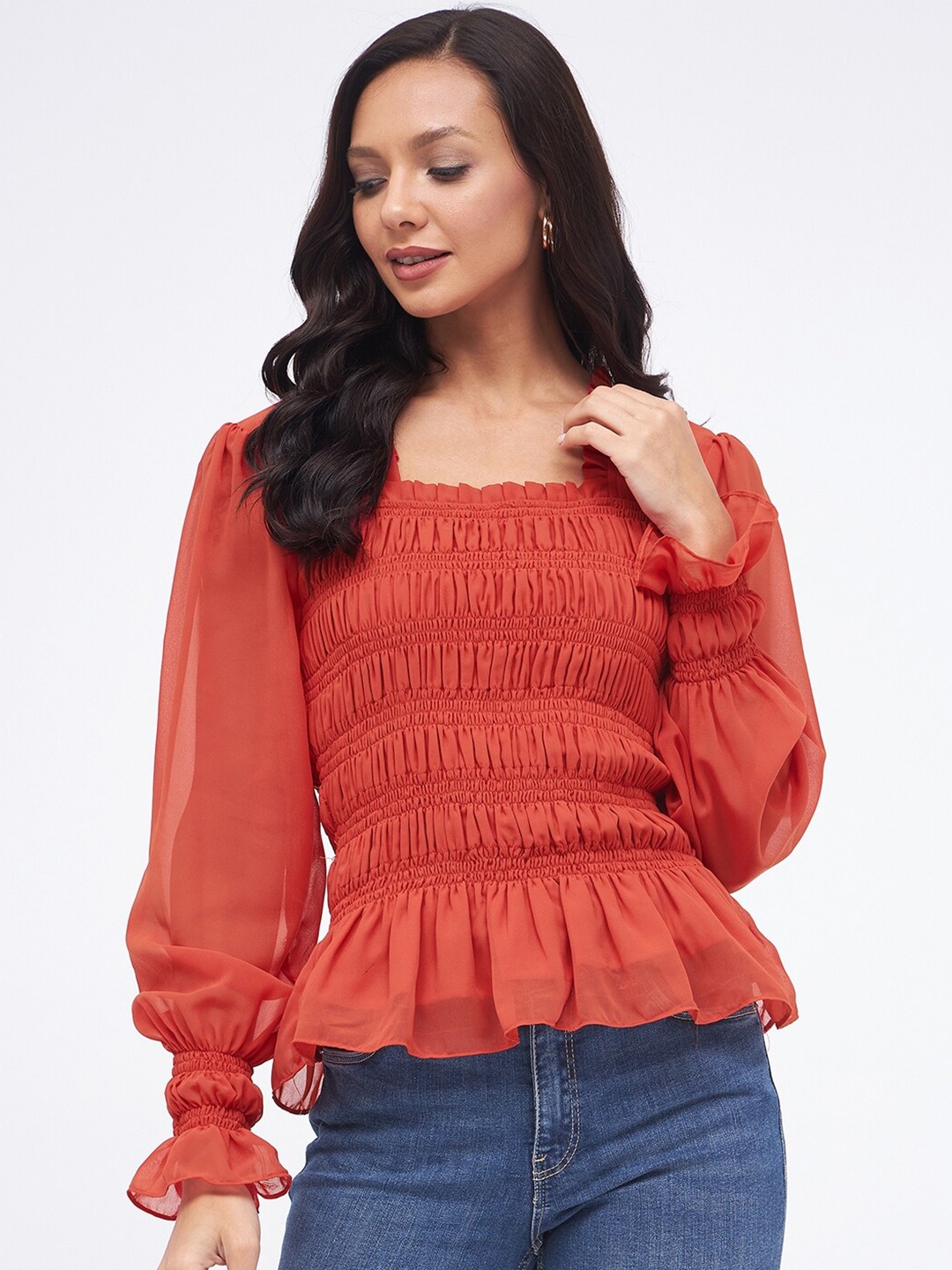 

Kibo Puff Square Neck Sleeves Smocked Peplum Top, Rust