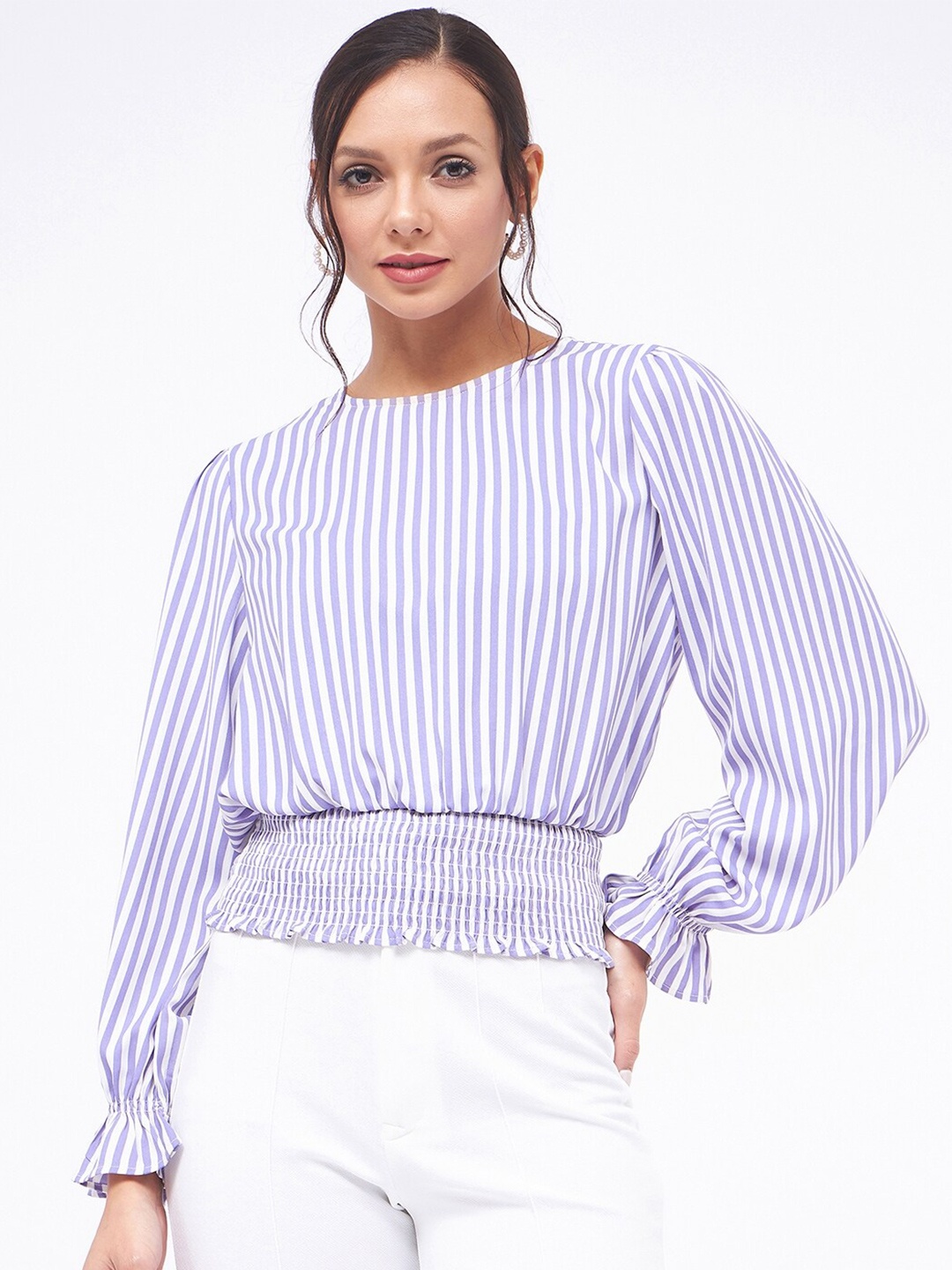 

Kibo Striped Puff Sleeves Smocked Cinched Top, Lavender
