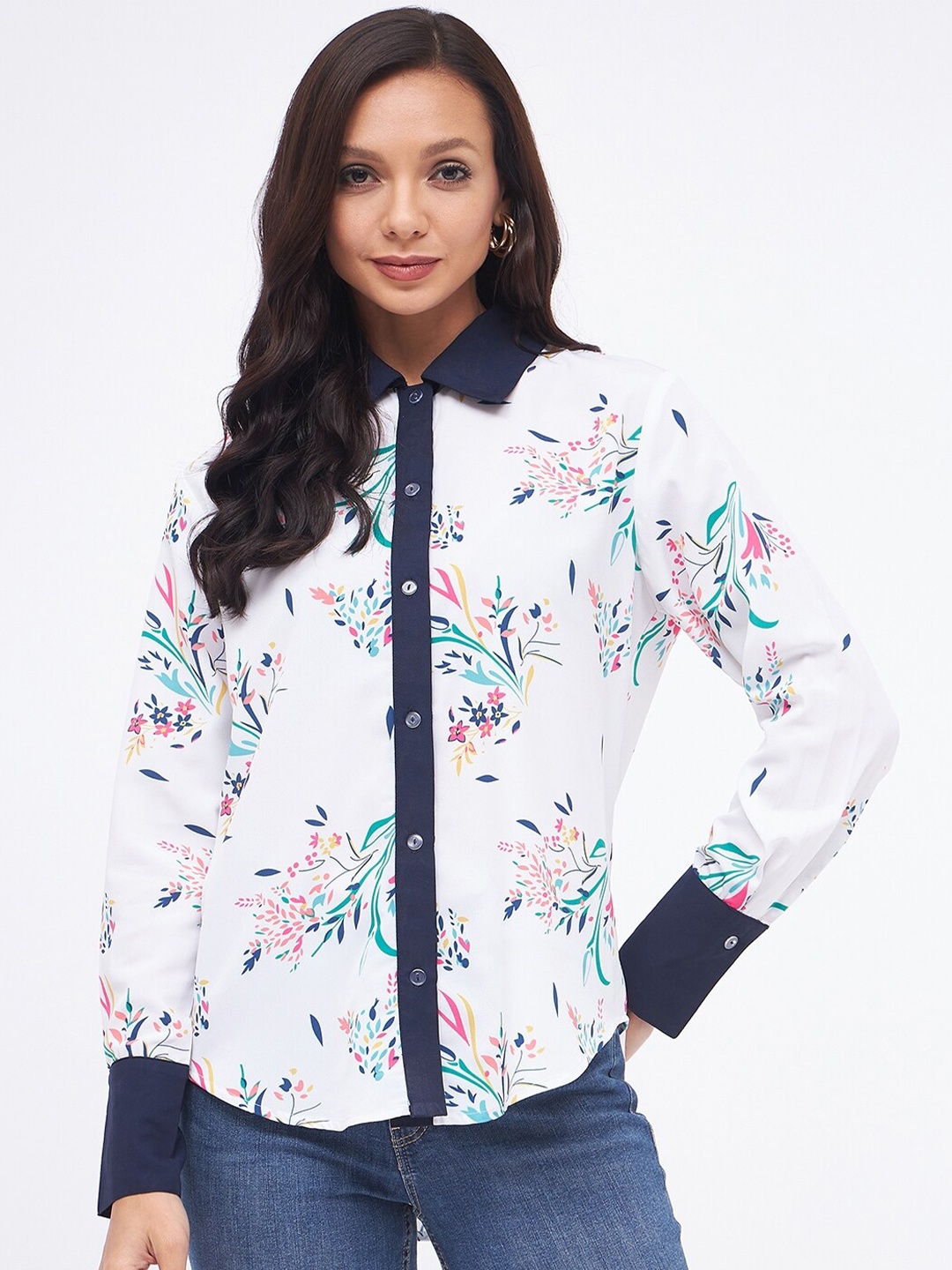 

Kibo Modern Floral Printed Crepe Casual Shirt, White