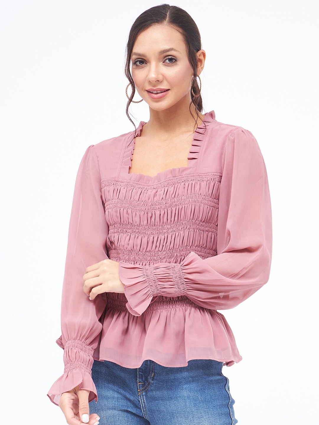 

Kibo Square Neck Bishop Sleeves Smocked Georgette Peplum Top, Pink