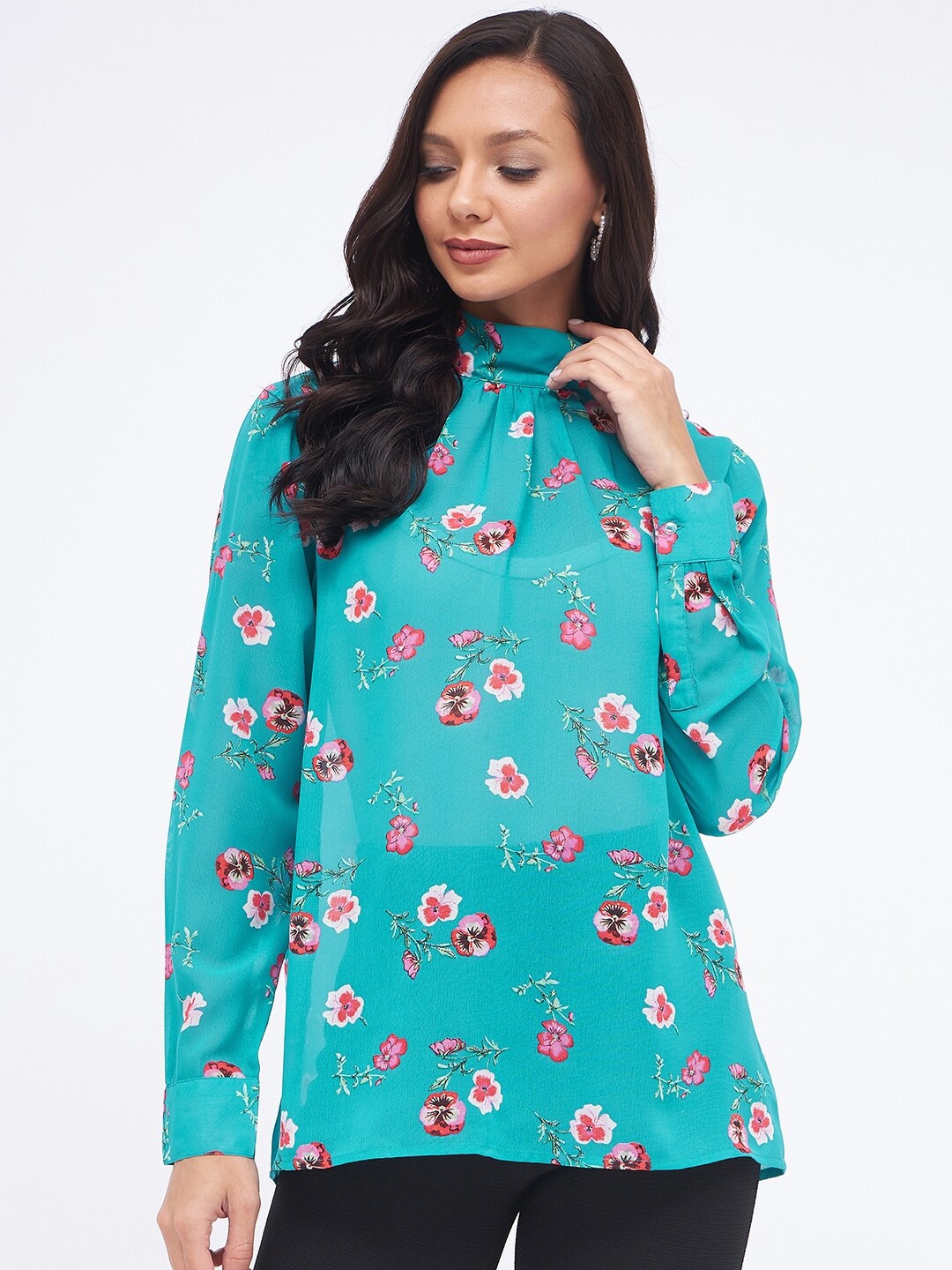 

Kibo Floral Printed High Neck Regular Top, Turquoise blue