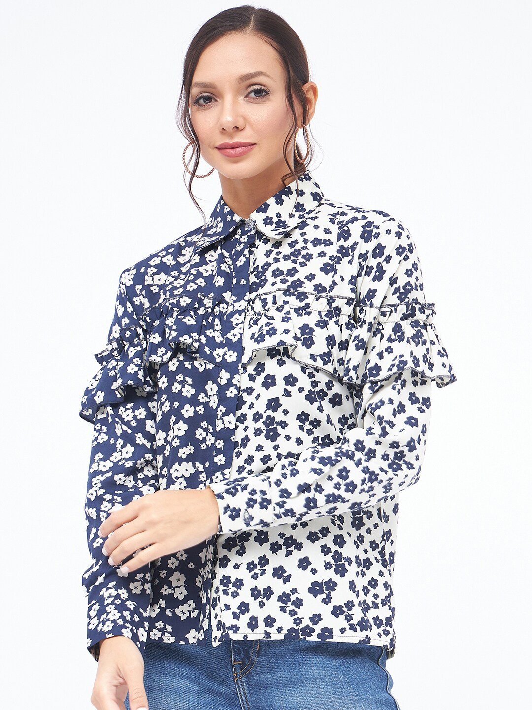 

Kibo Modern Shirt Collar Floral Printed Ruffled Casual Crepe Shirt, Blue