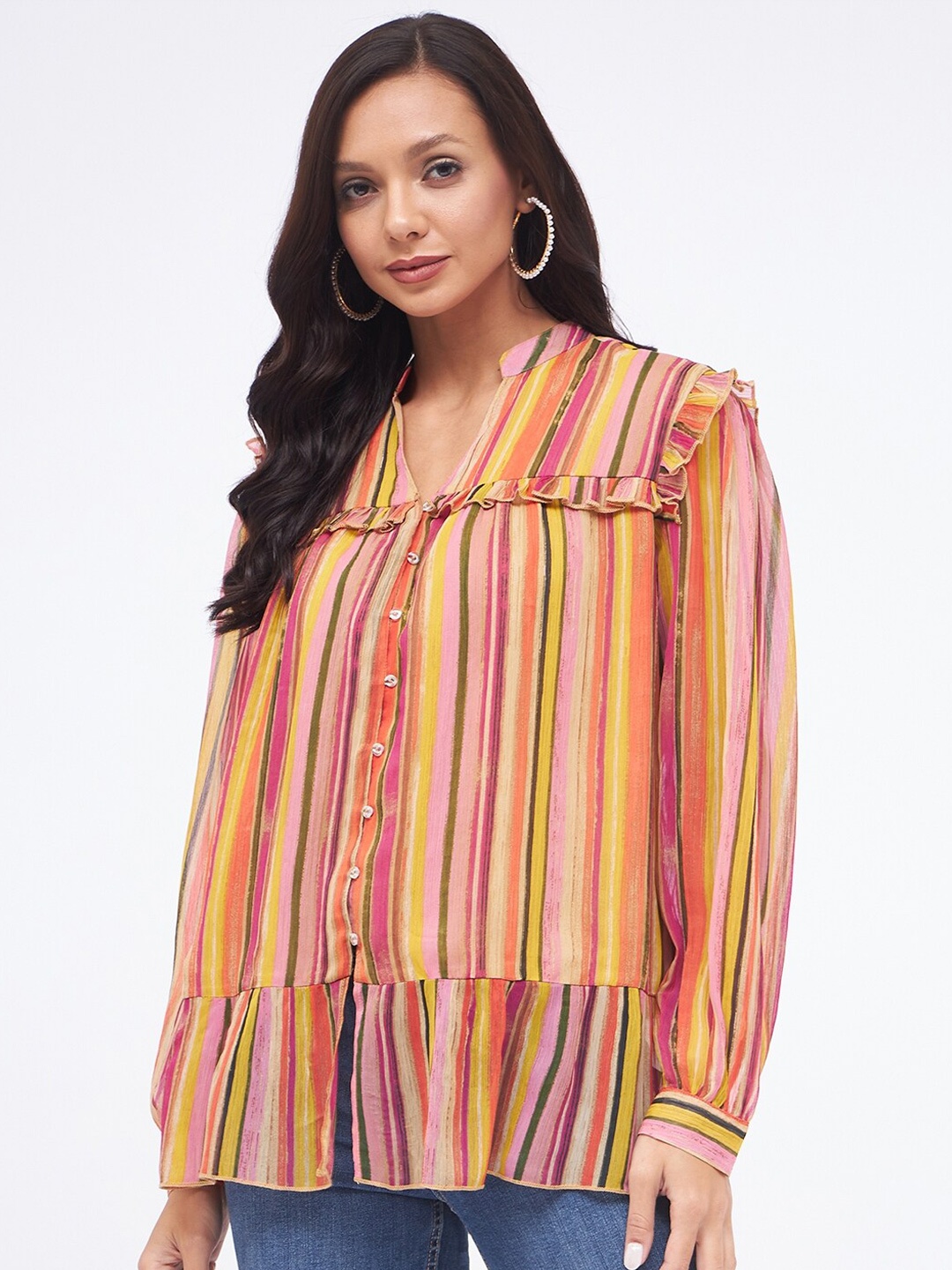 

Kibo Vertical Stripes Striped Mandarin Collar Ruffled Shirt Style Top, Orange