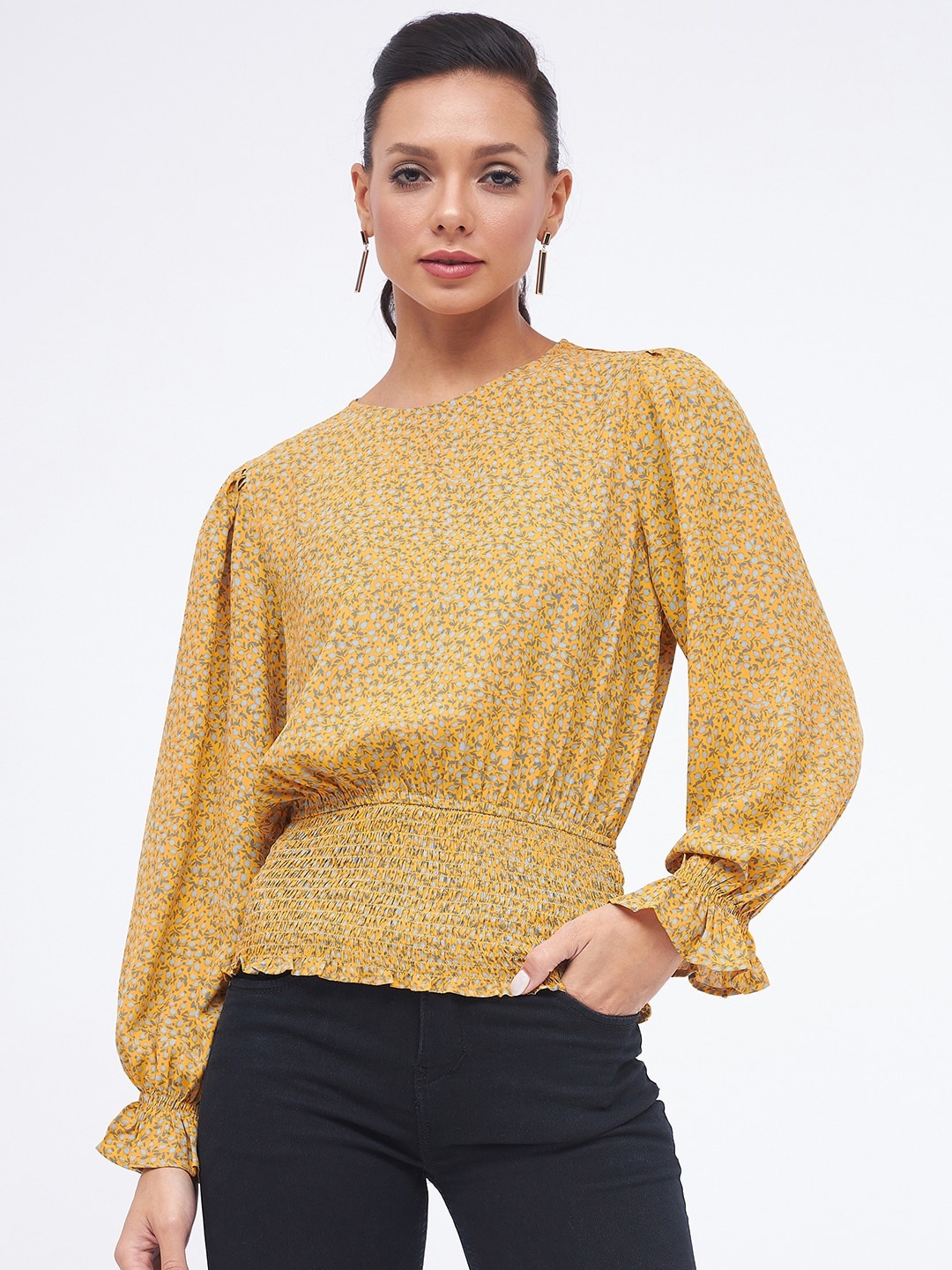 

Kibo Mustard Floral Printed Cuffed Sleeves Smocked Blouson Top