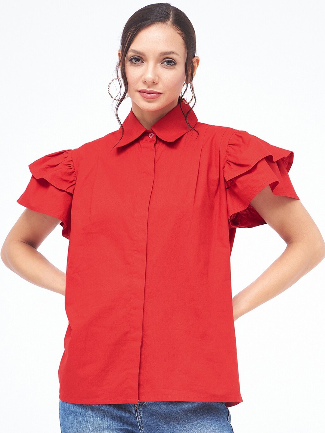 

Kibo Spread Collar Ruffles Detail Flutter Sleeves Cotton Casual Shirt, Red