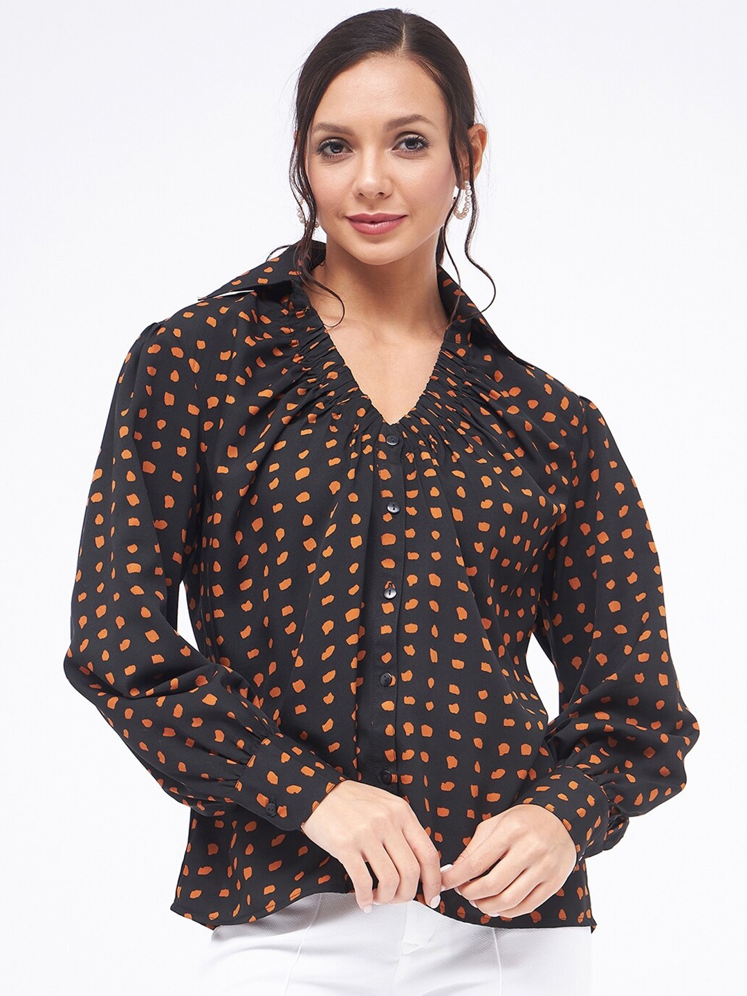 

Kibo Modern Spread Collar Geometric Printed Casual Crepe Shirt, Black