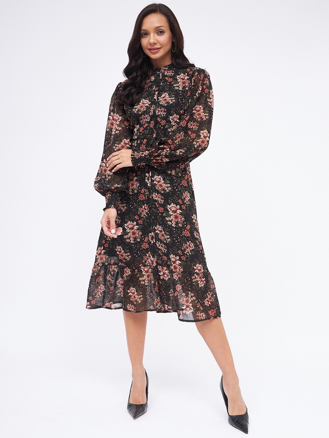 

Kibo Floral High Neck Button Down Sheath Dress, Black