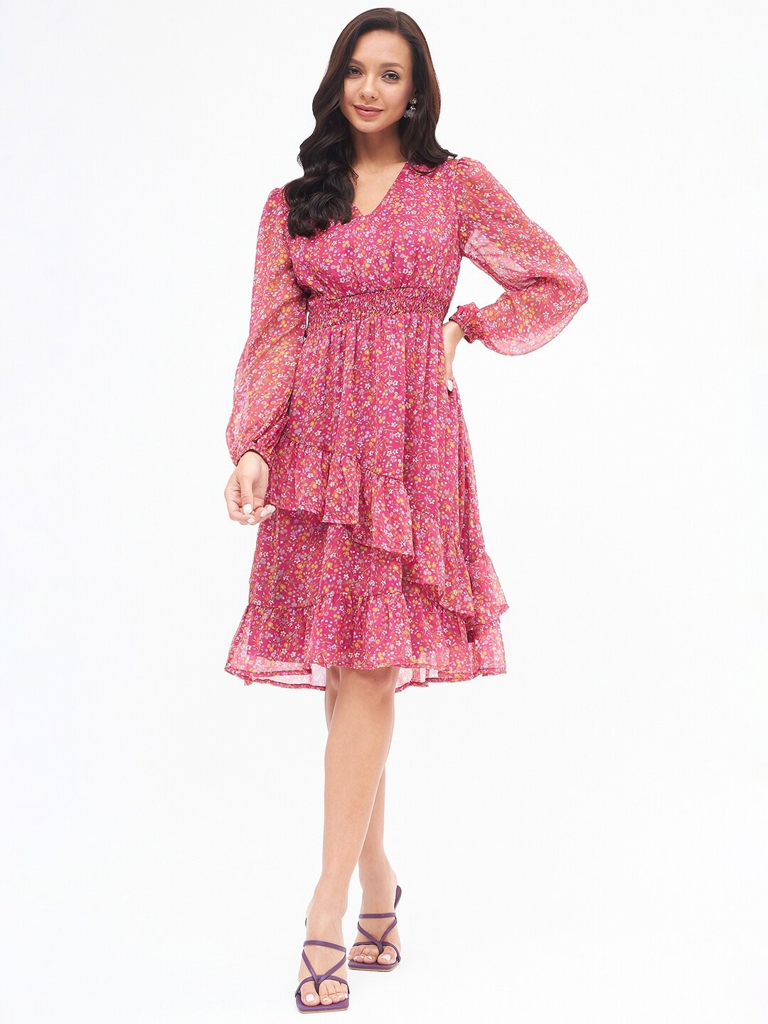 

Kibo Floral Puff Sleeve Layered Midi Dress, Pink