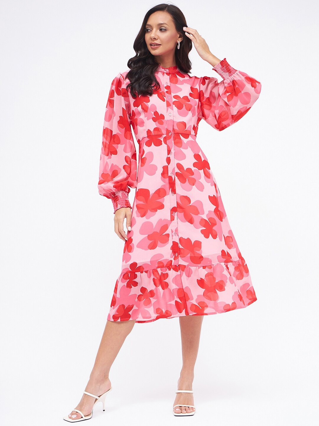 Kibo Floral Printed Bishop Sleeves Shirt Midi Dress, Peach