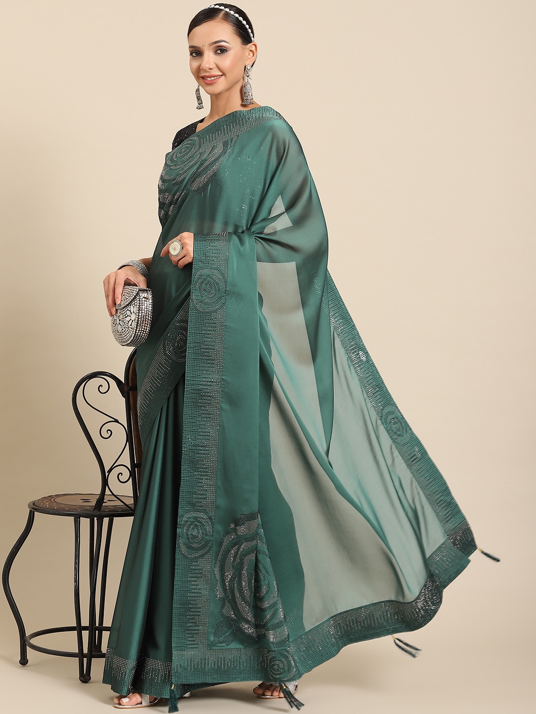

SAARYA Embellished Floral Beads & Stones Pure Crepe Saree, Teal