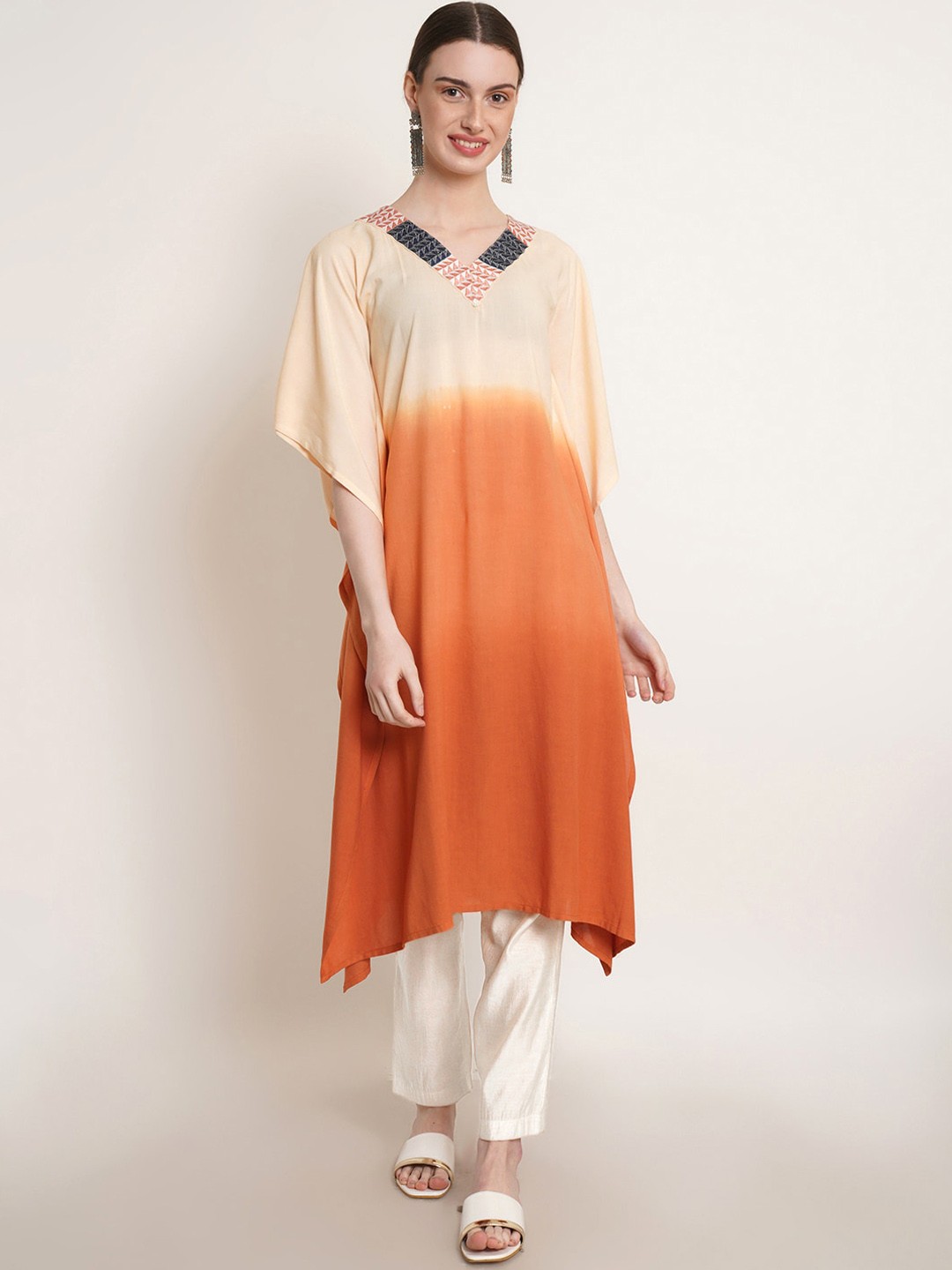 

Maaesa Dyed V-Neck Crepe Kaftan Kurta, Beige