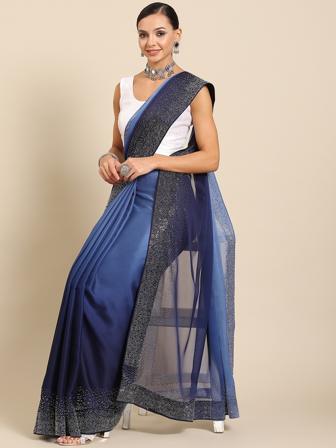 

SAARYA Ombre Beads & Stones Poly Georgette Saree, Blue