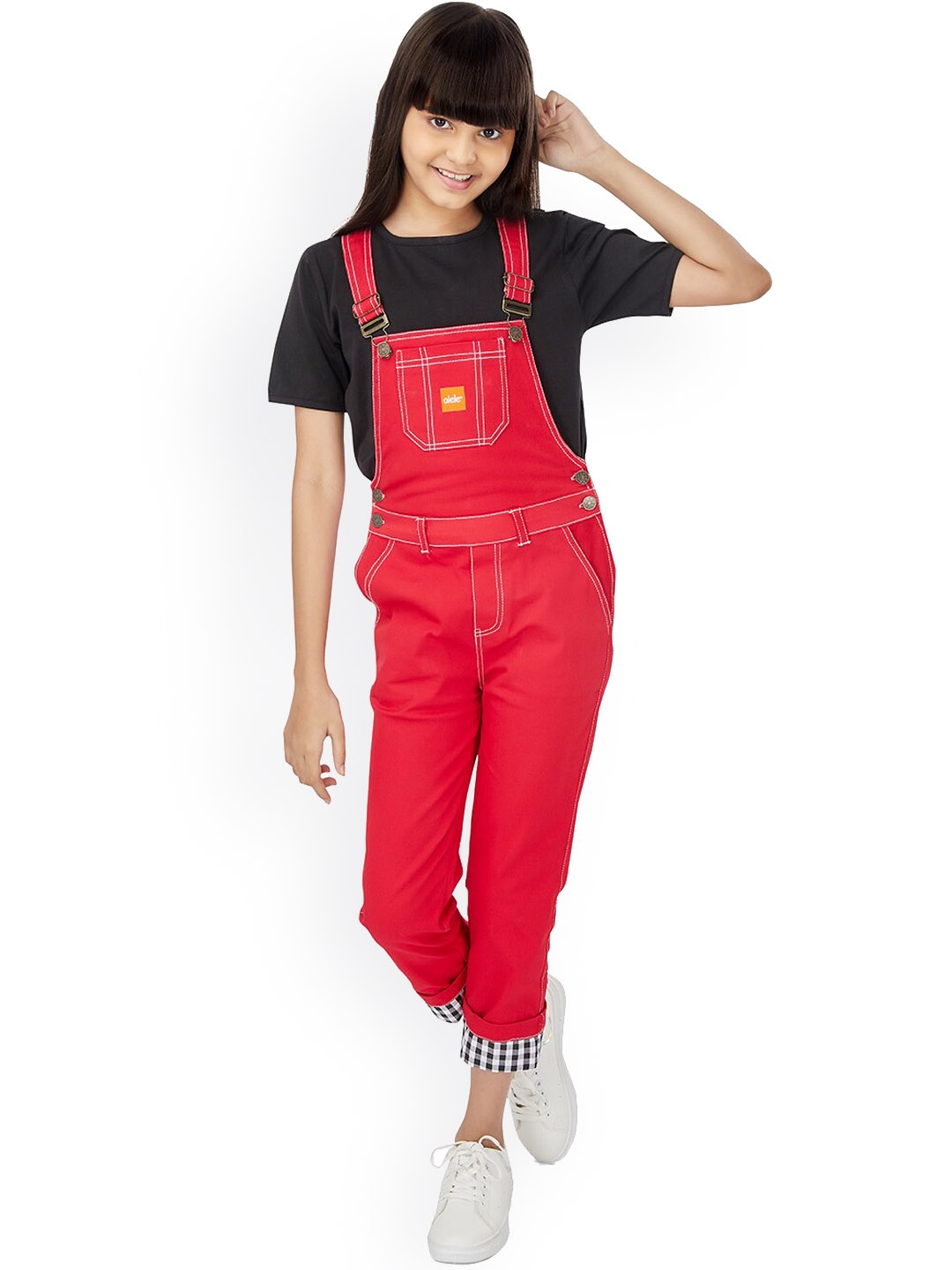 

Olele Girls Twill Cotton Slim Fit Dungaree With Contrast Hemfold, Red