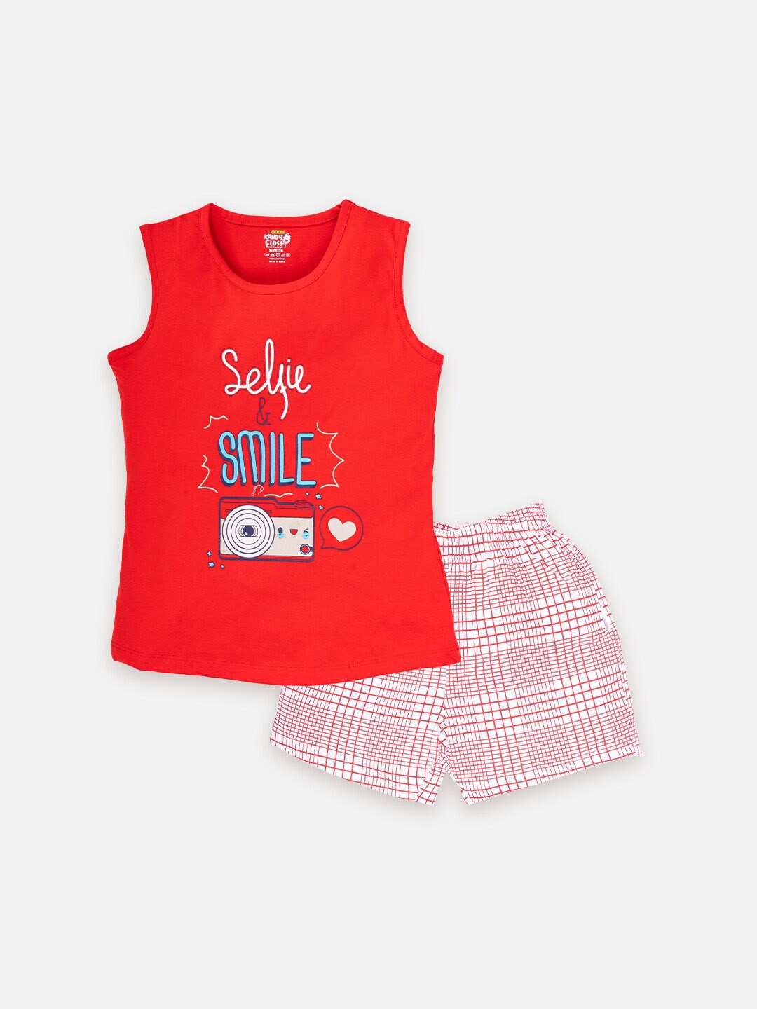 

AMUL Kandyfloss Girls Printed Pure Cotton Top with Shorts, Red