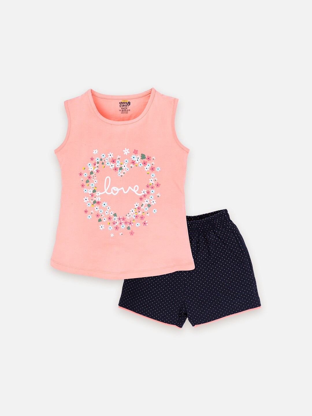

AMUL Kandyfloss Girls Printed Pure Cotton Top with Shorts, Peach