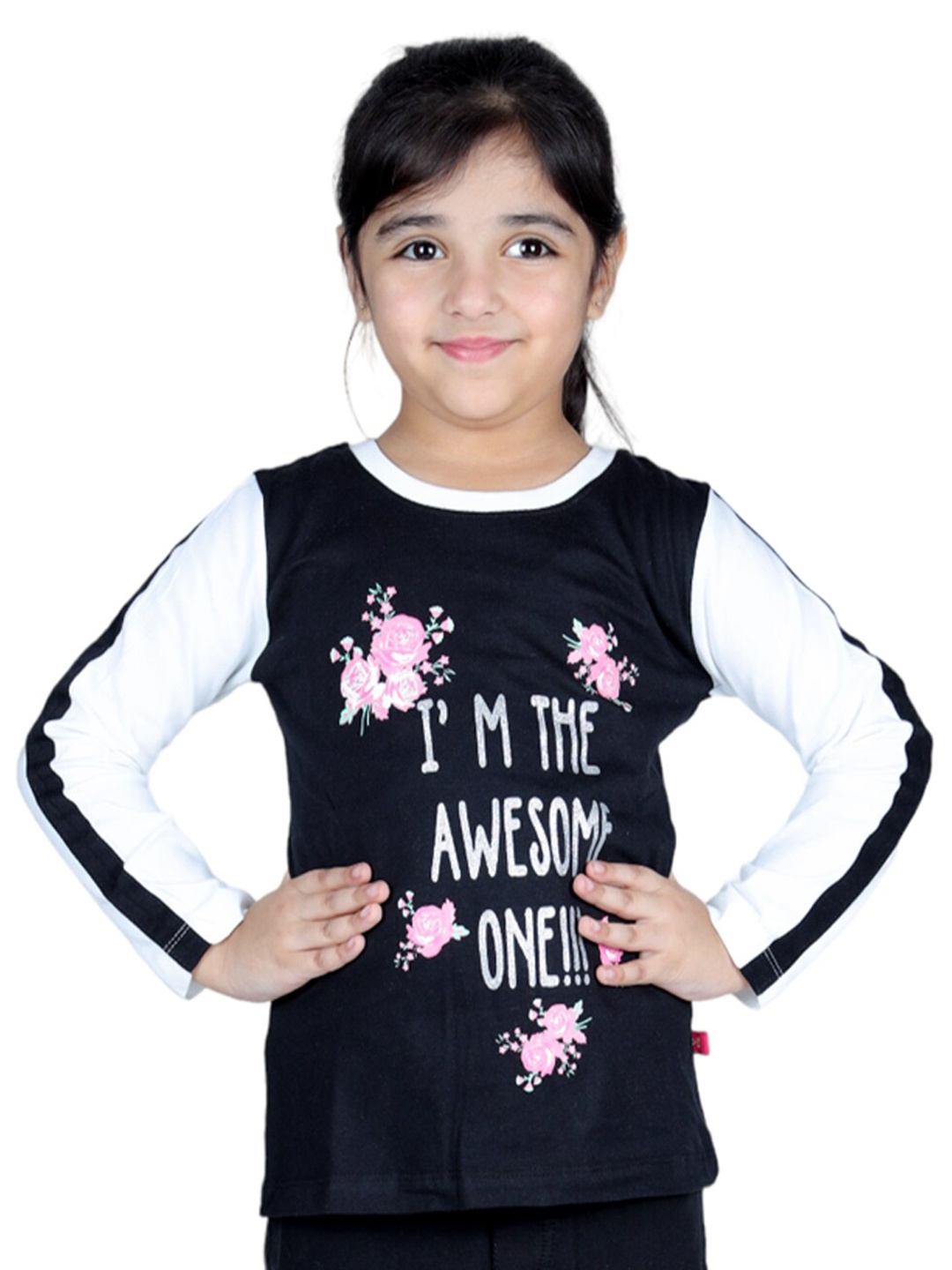 

3PIN Girls Typography Printed Long Sleeve Cotton T-shirt, Black