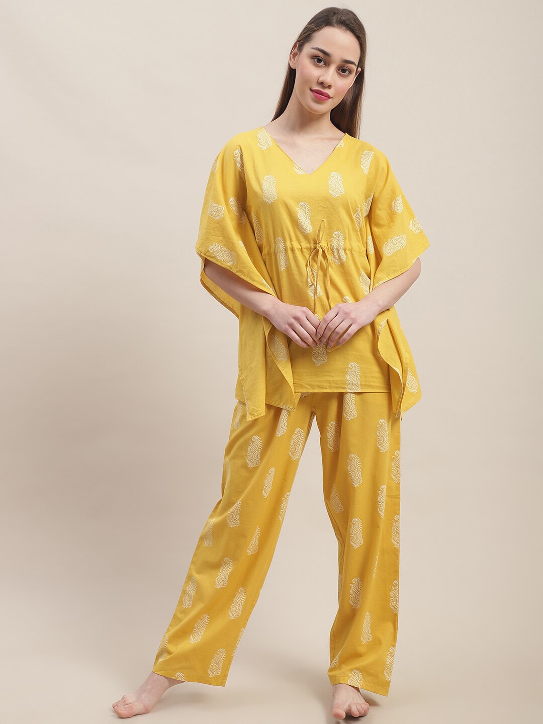 

Katn India Ethnic Motifs Printed Pure Cotton Night Suit, Mustard