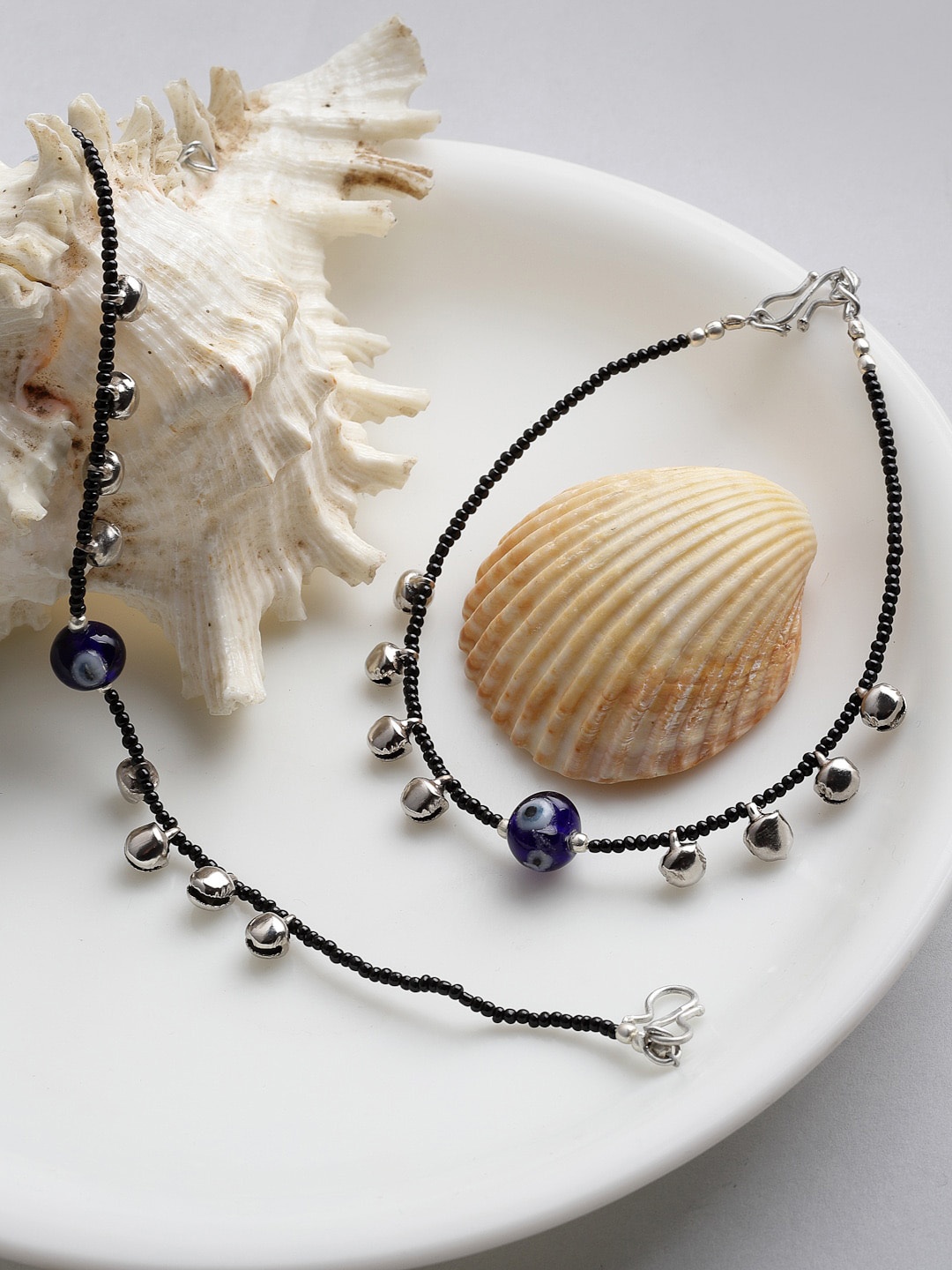

PANASH Oxidized Silver-Plated Black & Blue Beaded Evil Eye Anklet