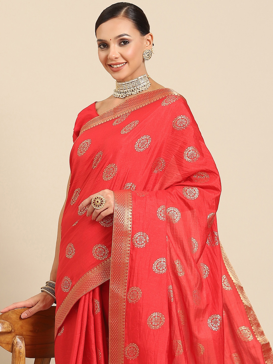 

SAARYA Woven Design Ethnic Motifs Zari Saree, Red