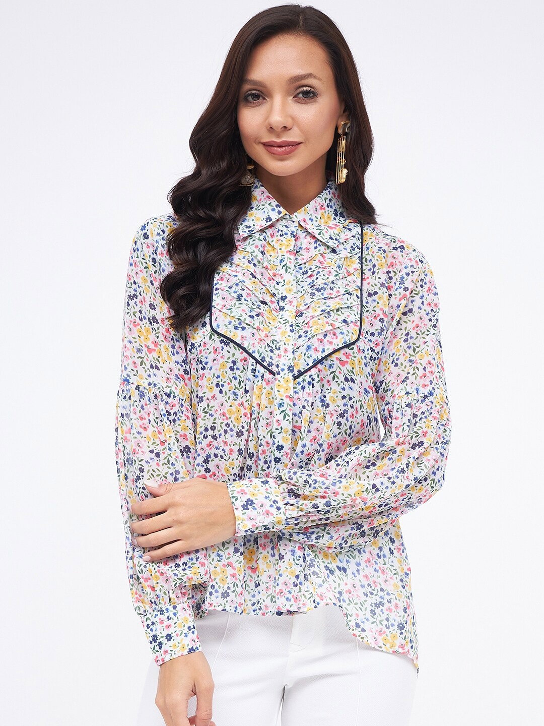 Kibo Floral Printed Shirt Collar Georgette High-Low Top, White