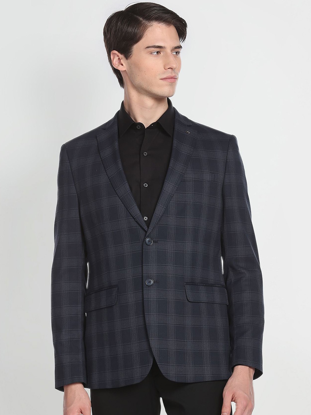 

Arrow Men Checked Single-Breasted Tailored Fit Formal Blazer, Navy blue